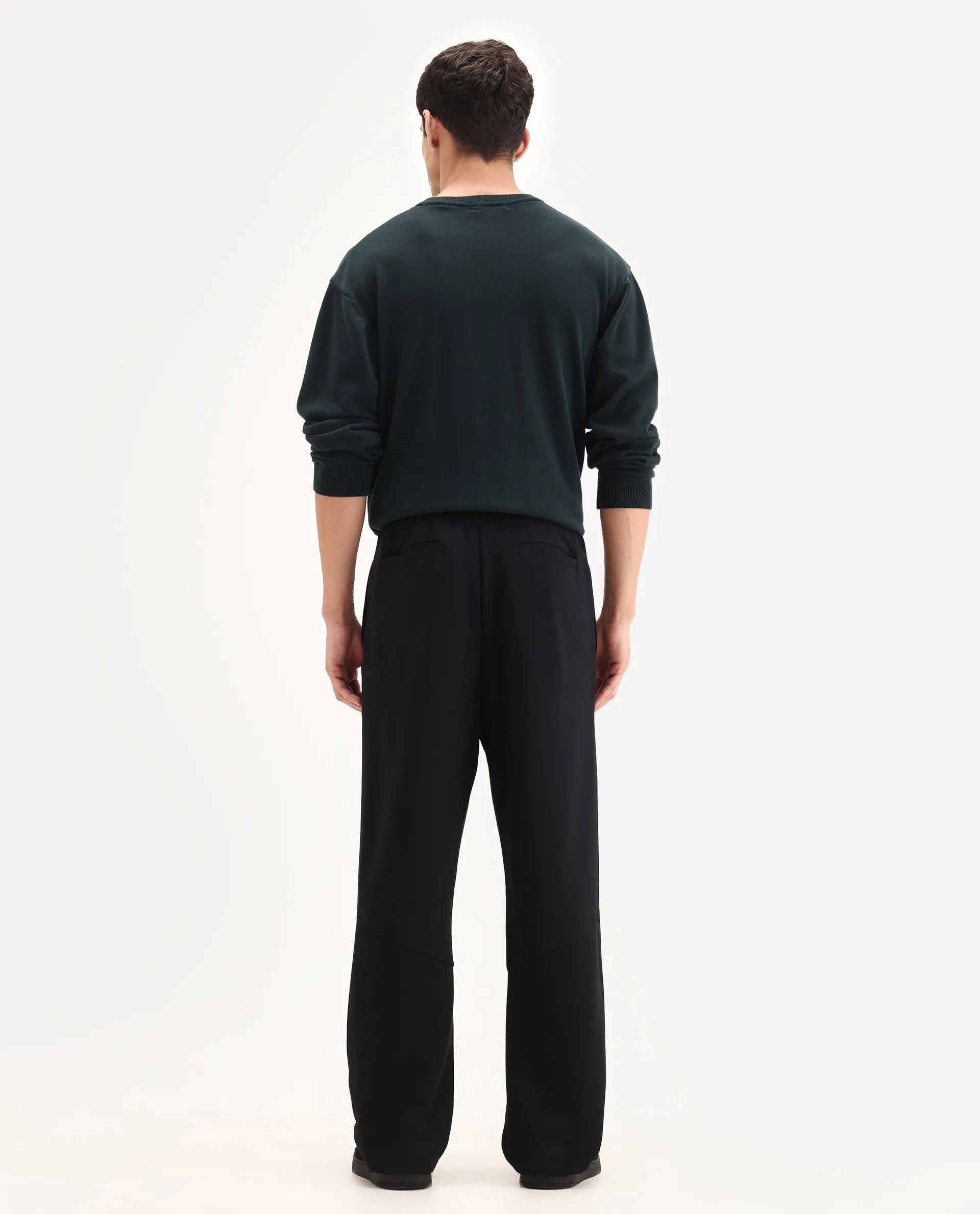 Rare Rabbit Men's Dalton Black Cotton Blend Plain Baggy Fit Trouser