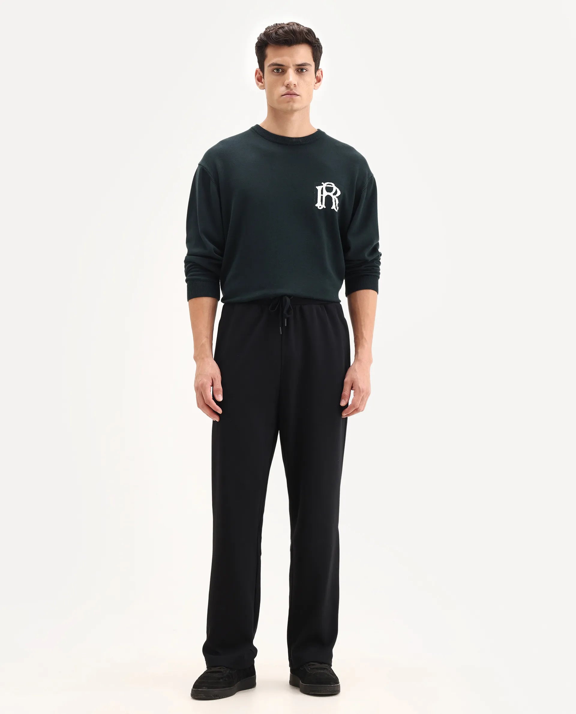 Rare Rabbit Men's Dalton Black Cotton Blend Plain Baggy Fit Trouser