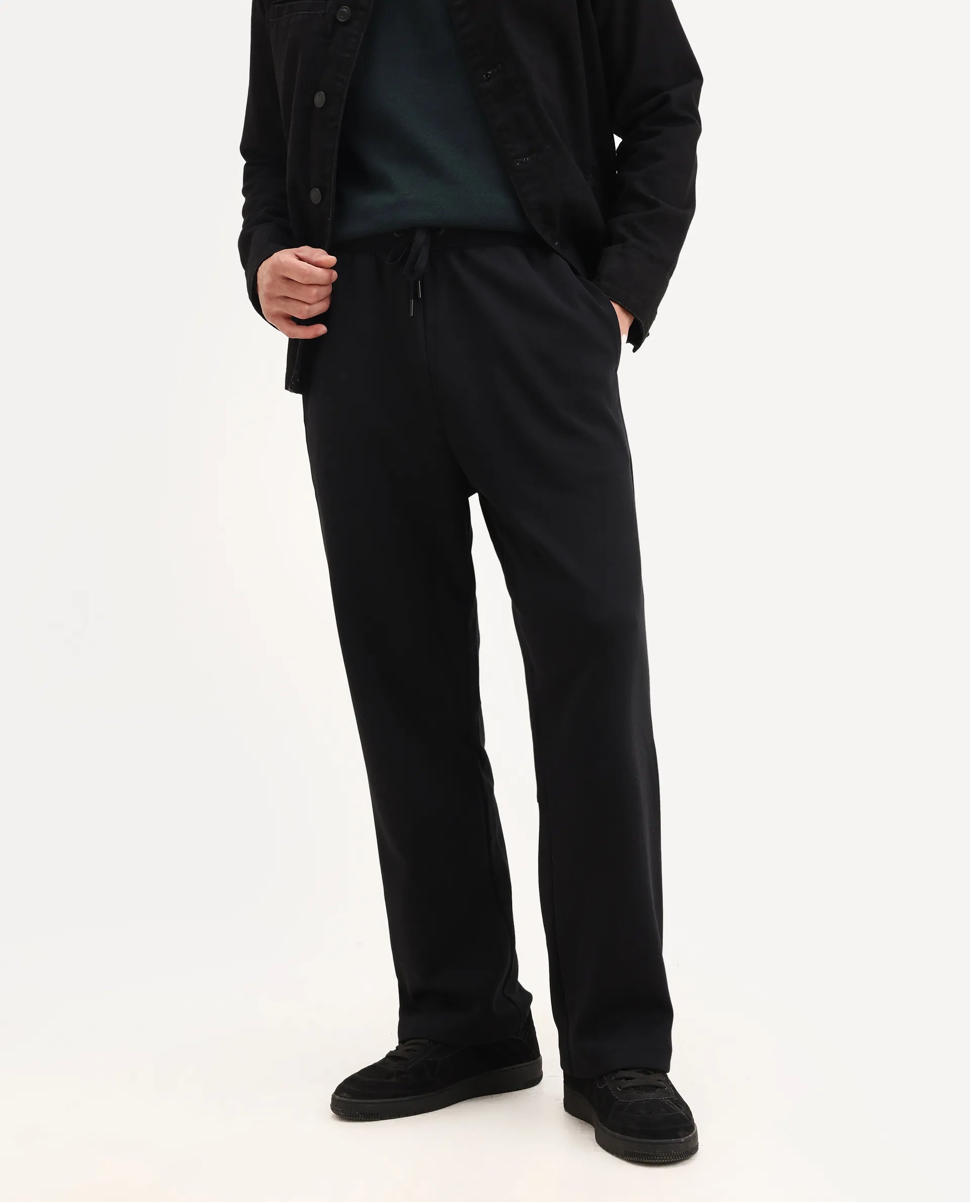 Rare Rabbit Men's Dalton Black Cotton Blend Plain Baggy Fit Trouser