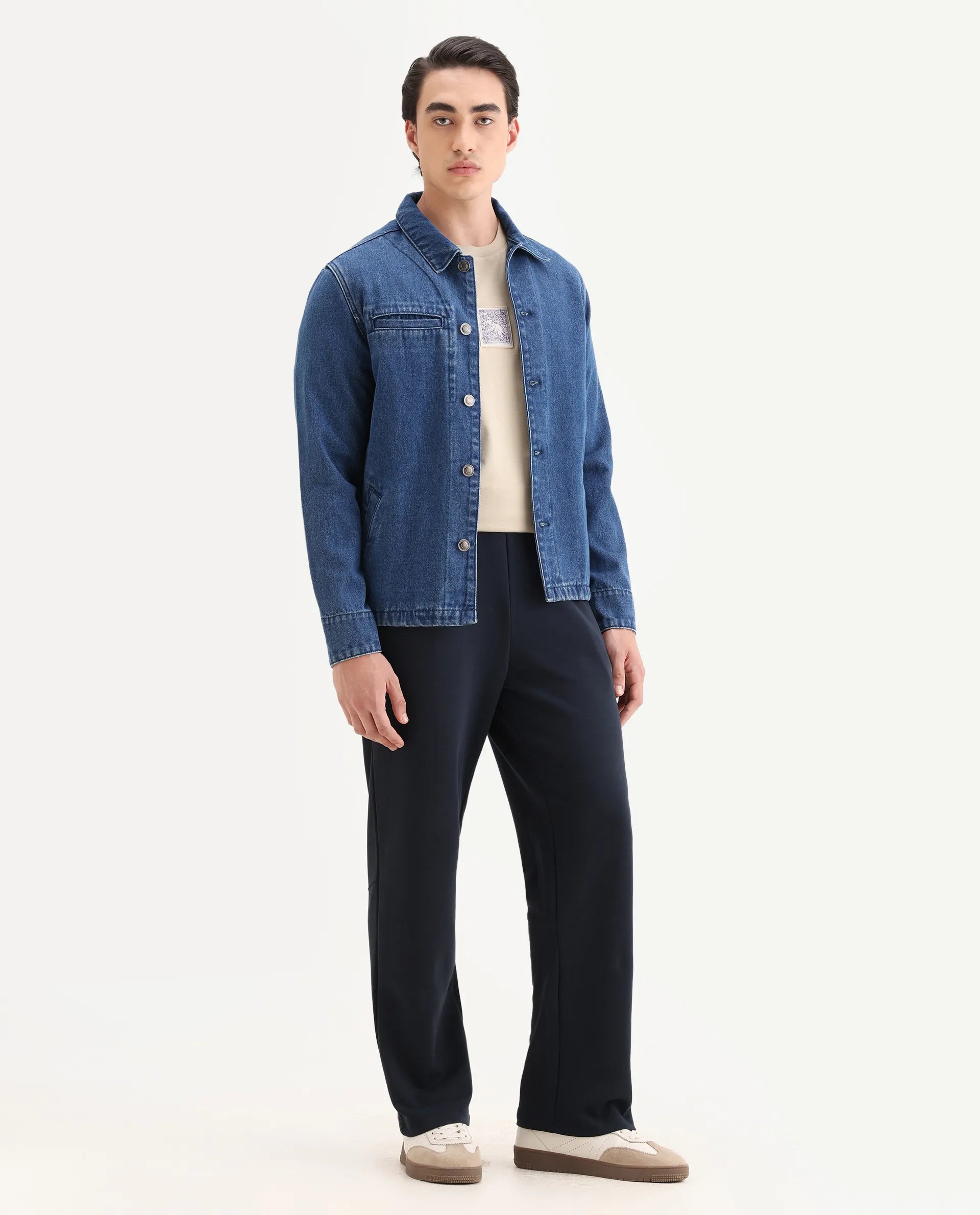 Rare Rabbit Men's Dalton Navy Cotton Blend Plain Baggy Fit Trouser