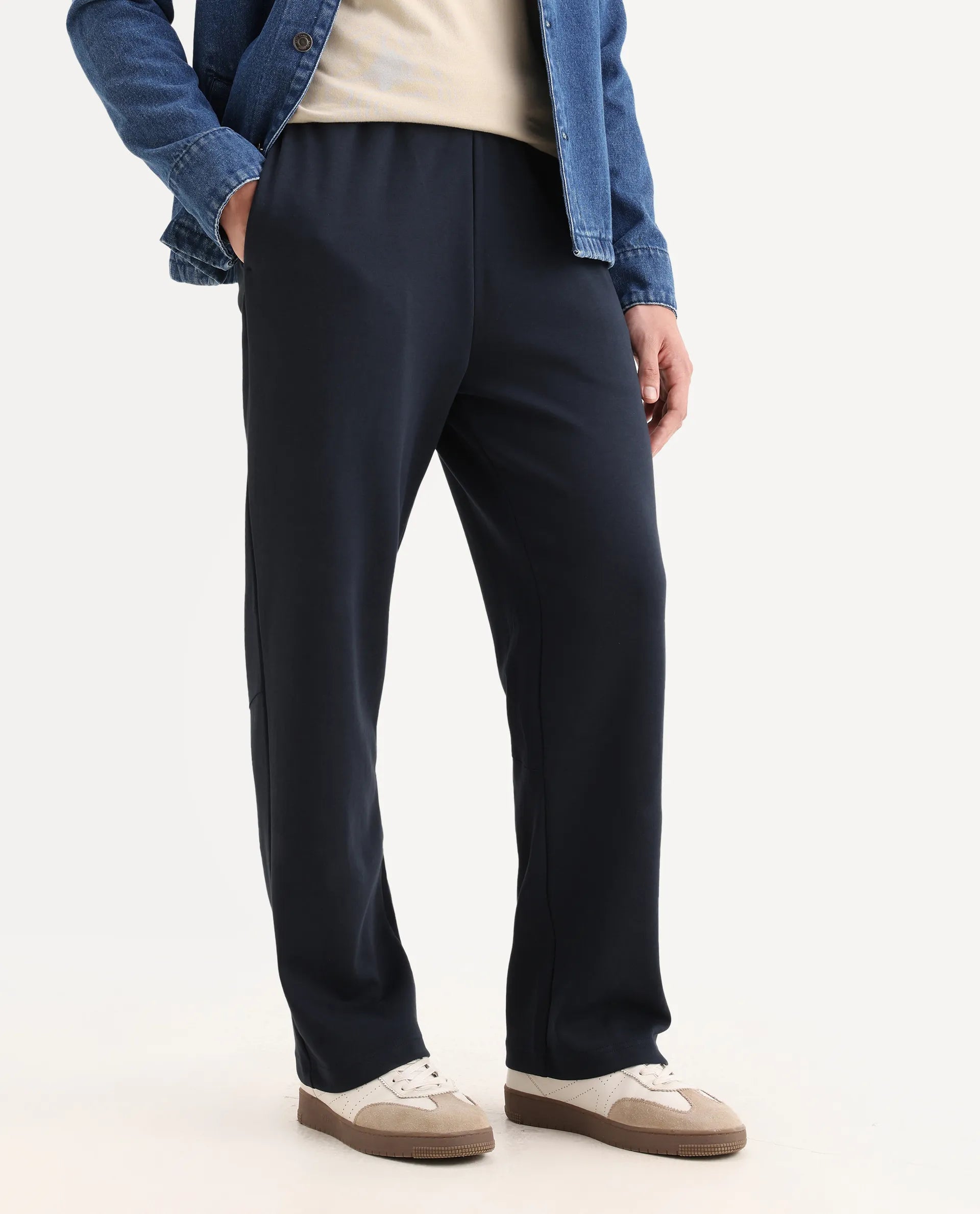 Rare Rabbit Men's Dalton Navy Cotton Blend Plain Baggy Fit Trouser