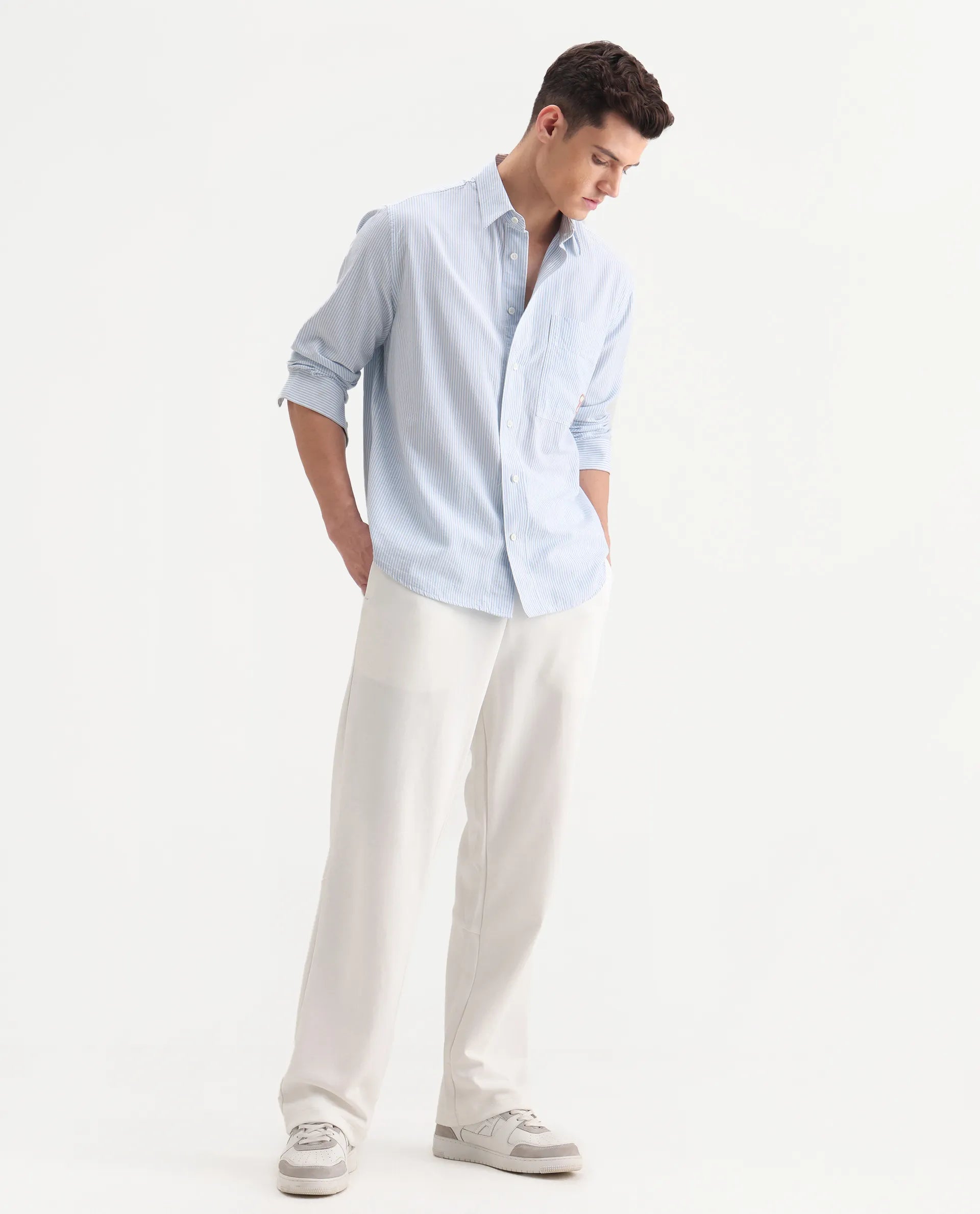 Rare Rabbit Men's Dalton Off White Cotton Blend Plain Baggy Fit Trouser