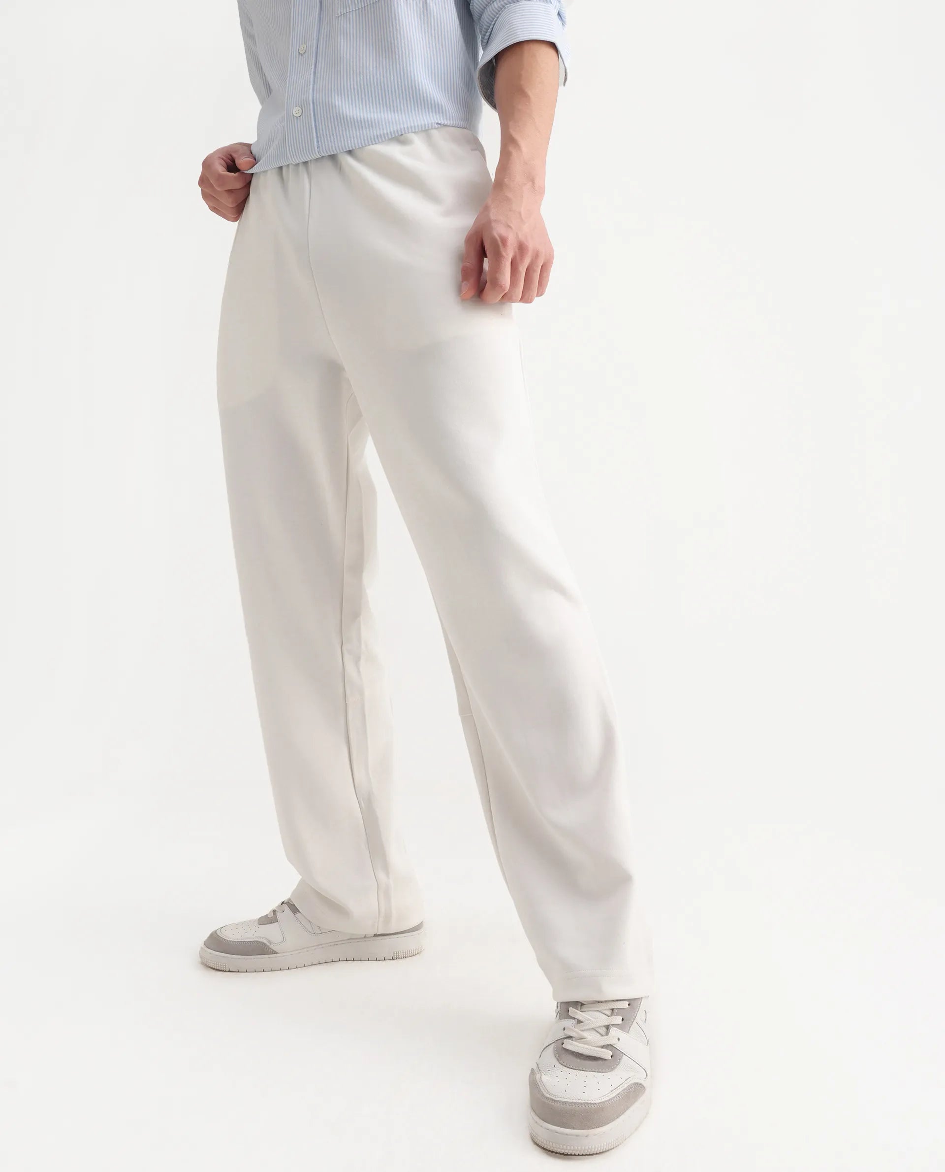 Rare Rabbit Men's Dalton Off White Cotton Blend Plain Baggy Fit Trouser