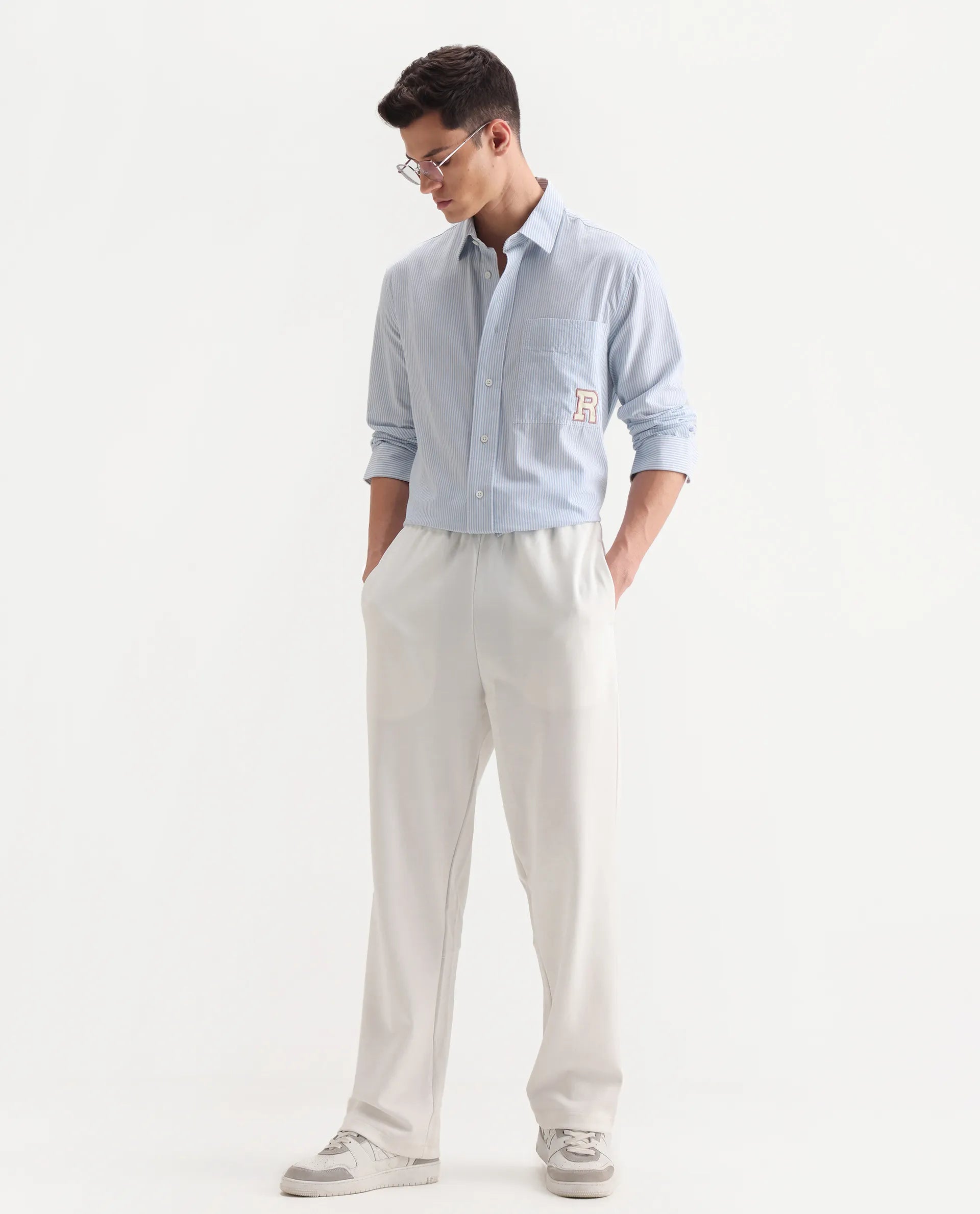 Rare Rabbit Men's Dalton Off White Cotton Blend Plain Baggy Fit Trouser