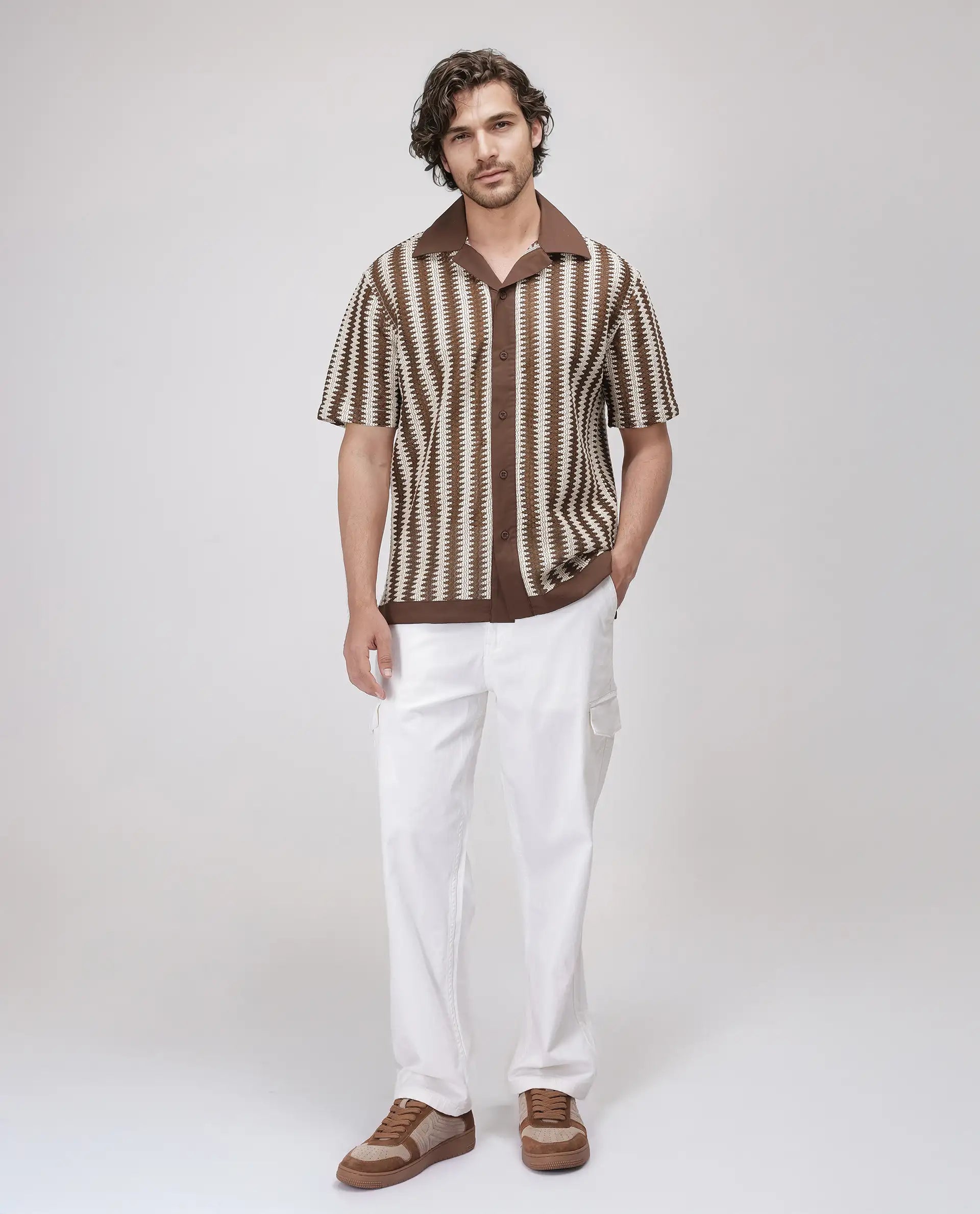 Rare Rabbit Men's Dana Brown Cotton Fabric Short Sleeve Cuban Collar Crochet Shirt