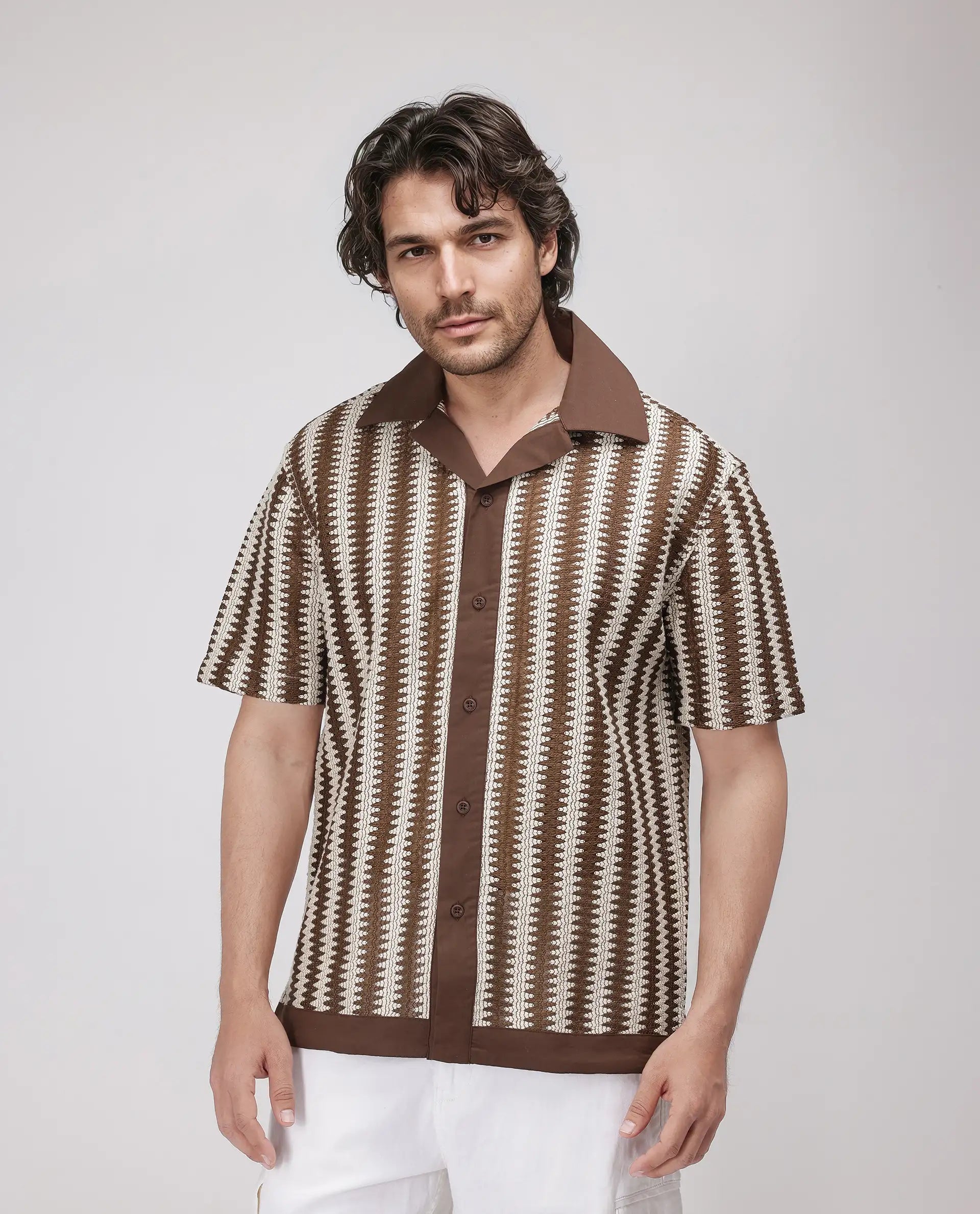 Rare Rabbit Men's Dana Brown Cotton Fabric Short Sleeve Cuban Collar Crochet Shirt