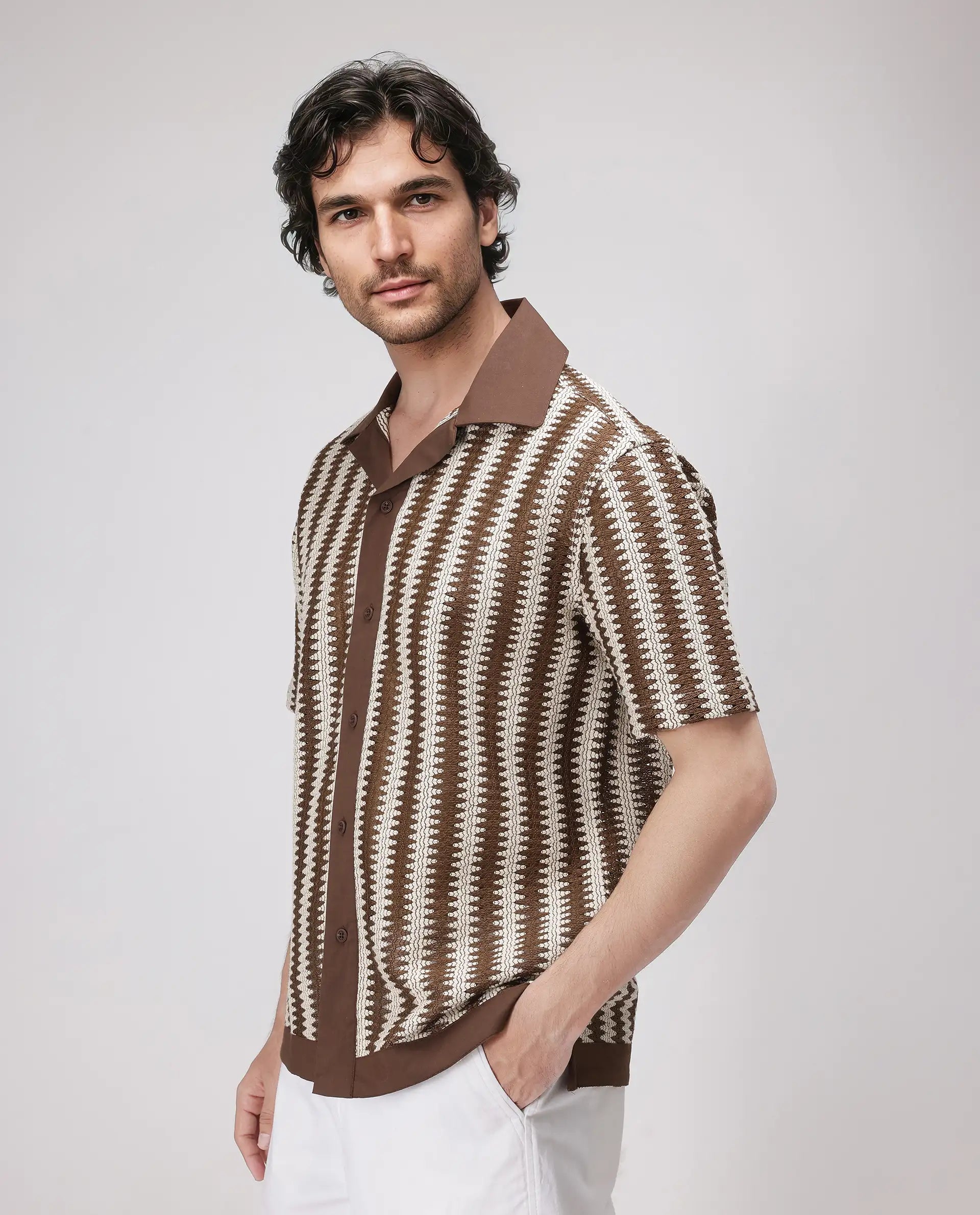 Rare Rabbit Men's Dana Brown Cotton Fabric Short Sleeve Cuban Collar Crochet Shirt