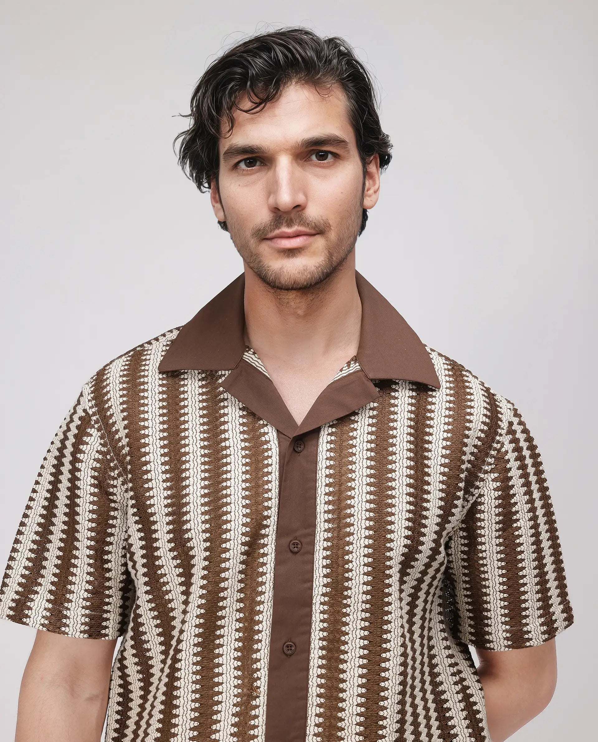 Rare Rabbit Men's Dana Brown Cotton Fabric Short Sleeve Cuban Collar Crochet Shirt