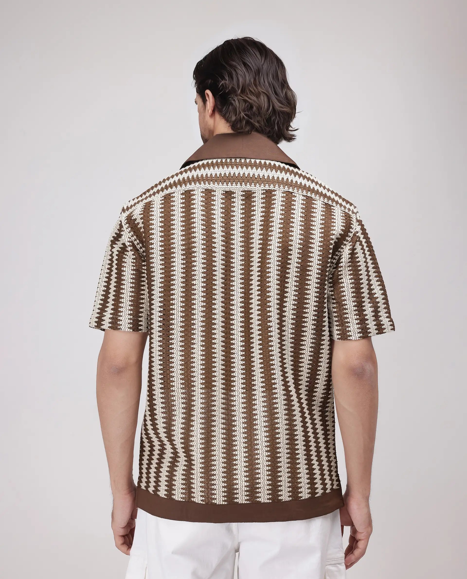 Rare Rabbit Men's Dana Brown Cotton Fabric Short Sleeve Cuban Collar Crochet Shirt