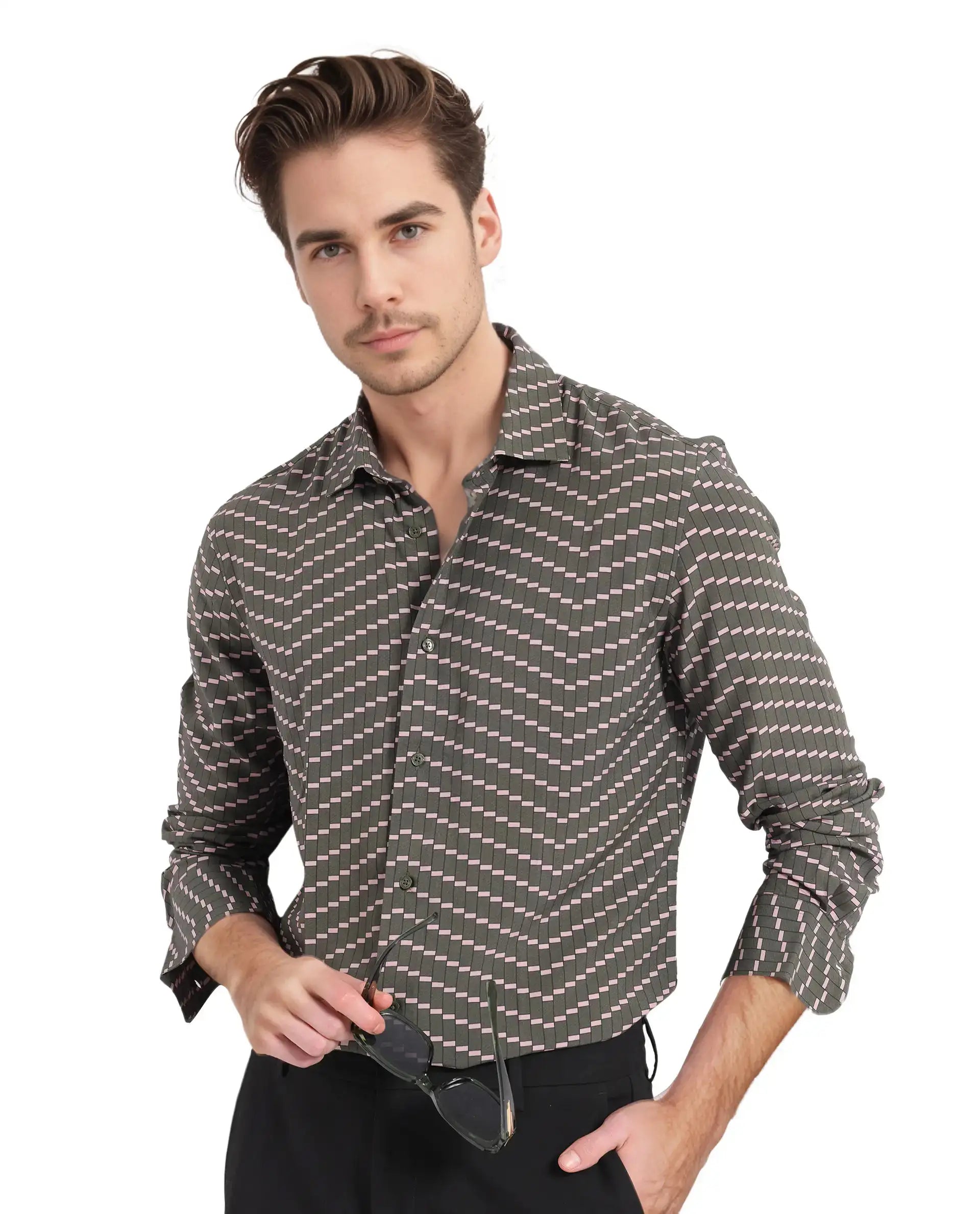 Rare Rabbit Men's Dandy Dark Olive Viscose Printed Regular Fit Full Sleeve Collared Shirt