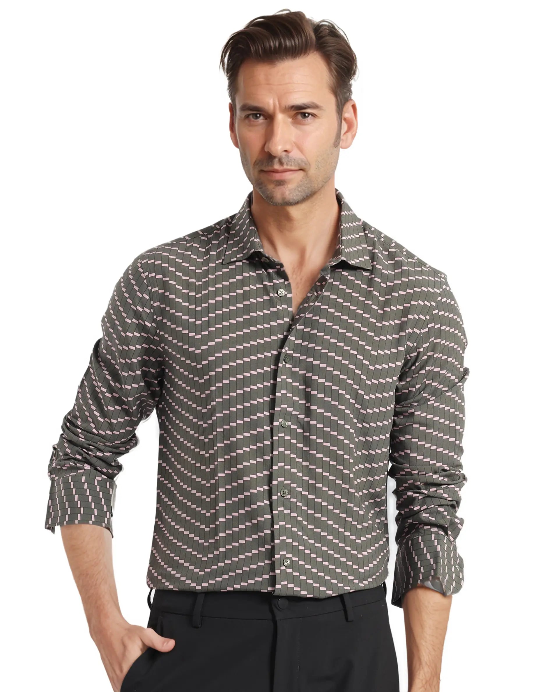 Rare Rabbit Men Dandy Dark Olive Viscose Fabric Full Sleeve Regular Fit Digital Print Shirt