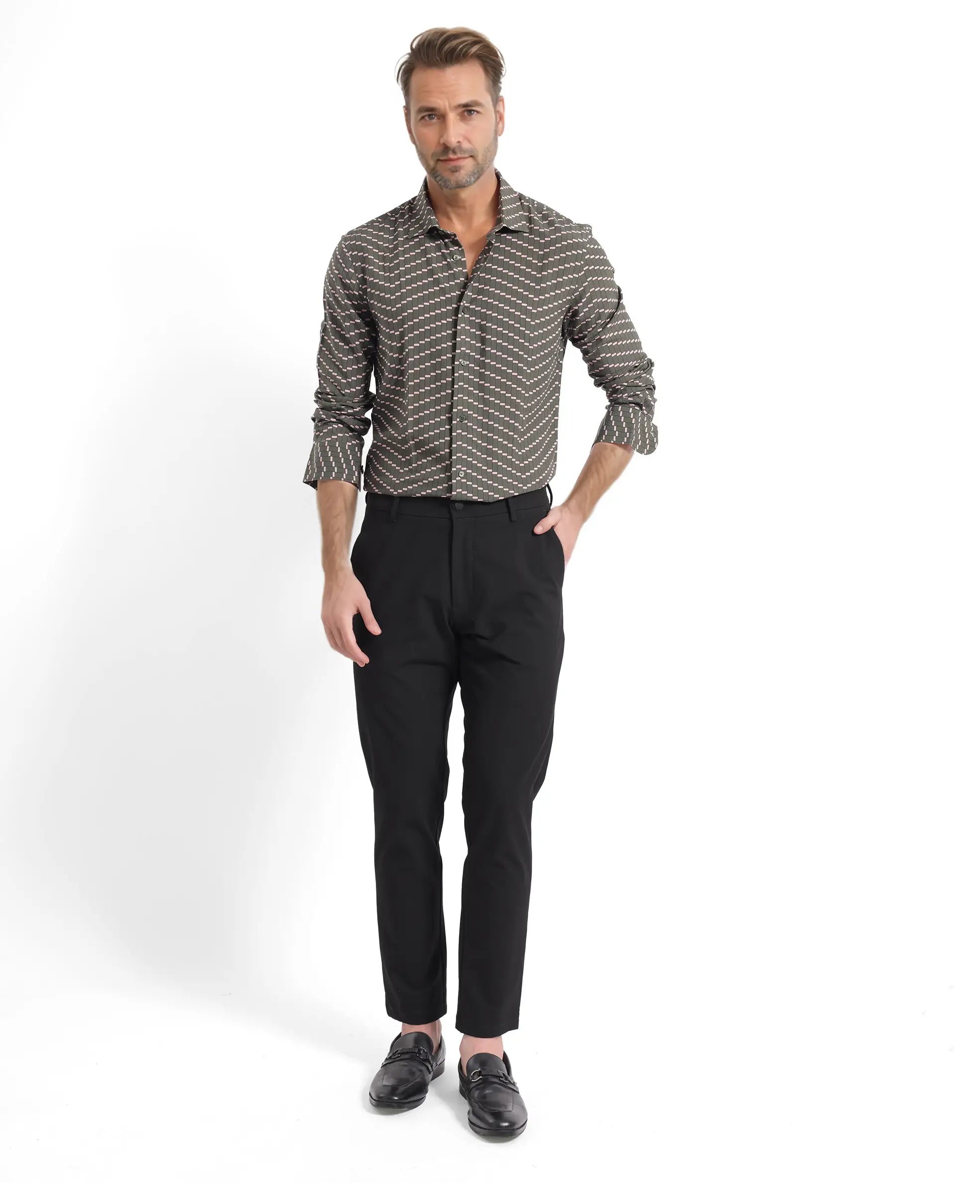 Rare Rabbit Men Dandy Dark Olive Viscose Fabric Full Sleeve Regular Fit Digital Print Shirt