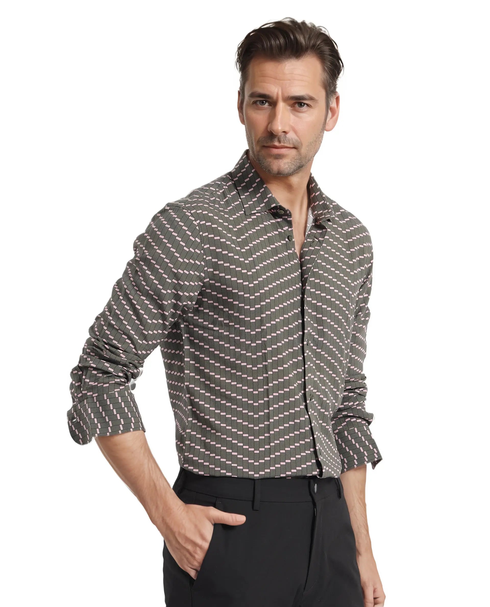 Rare Rabbit Men Dandy Dark Olive Viscose Fabric Full Sleeve Regular Fit Digital Print Shirt