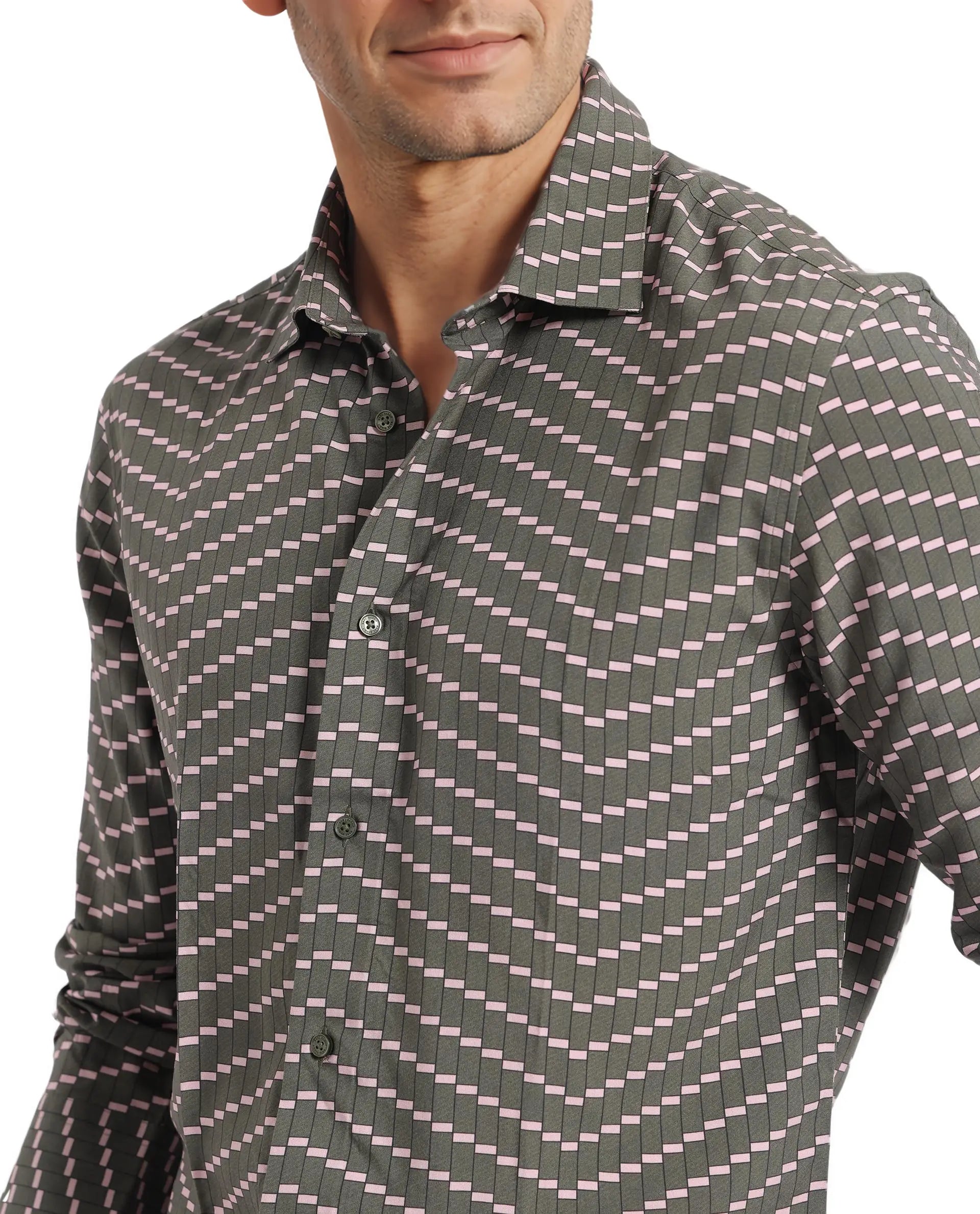 Rare Rabbit Men Dandy Dark Olive Viscose Fabric Full Sleeve Regular Fit Digital Print Shirt