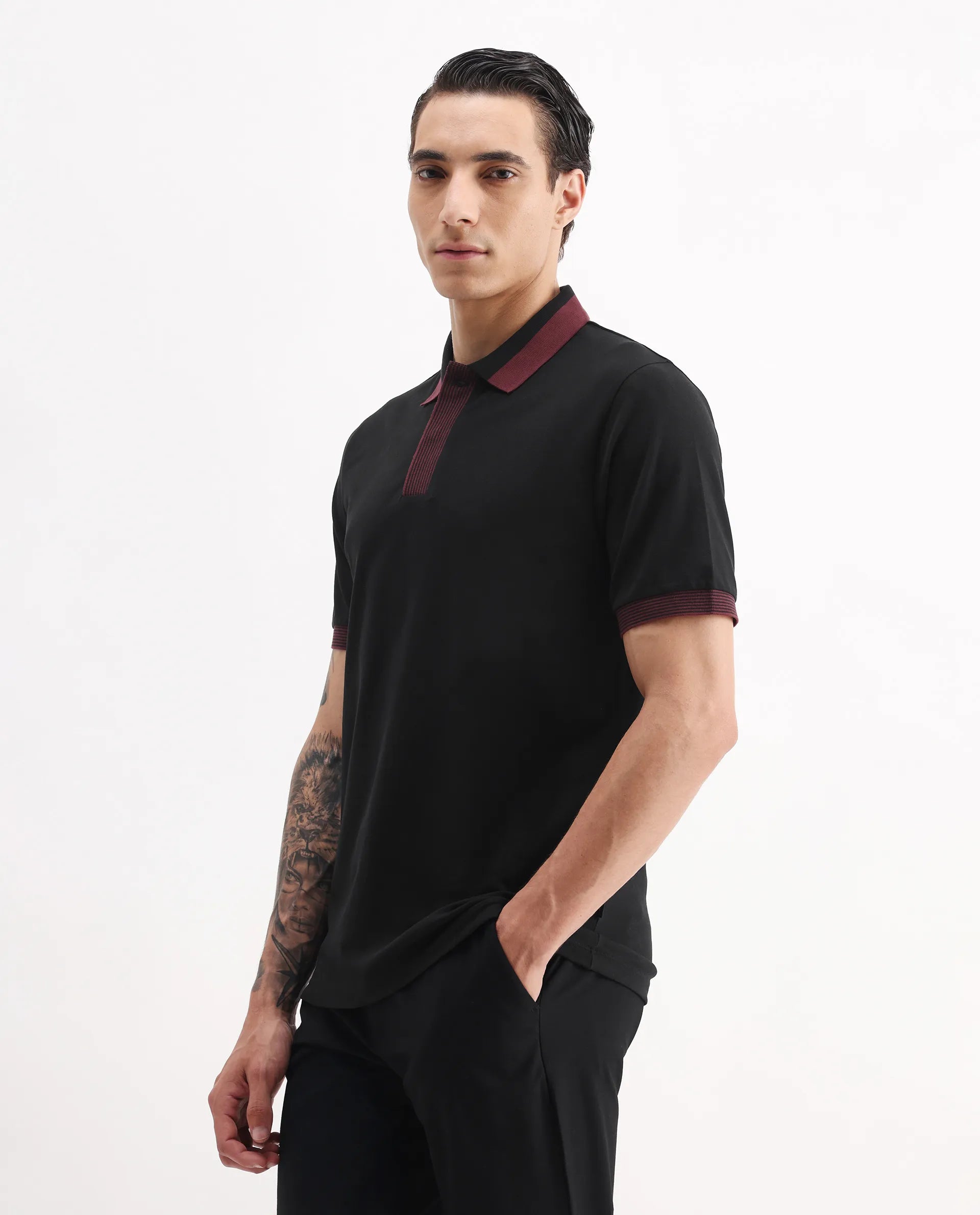 Rare Rabbit Men's Dane Black Cotton Blend Plain Regular Fit Half Sleeve Polo