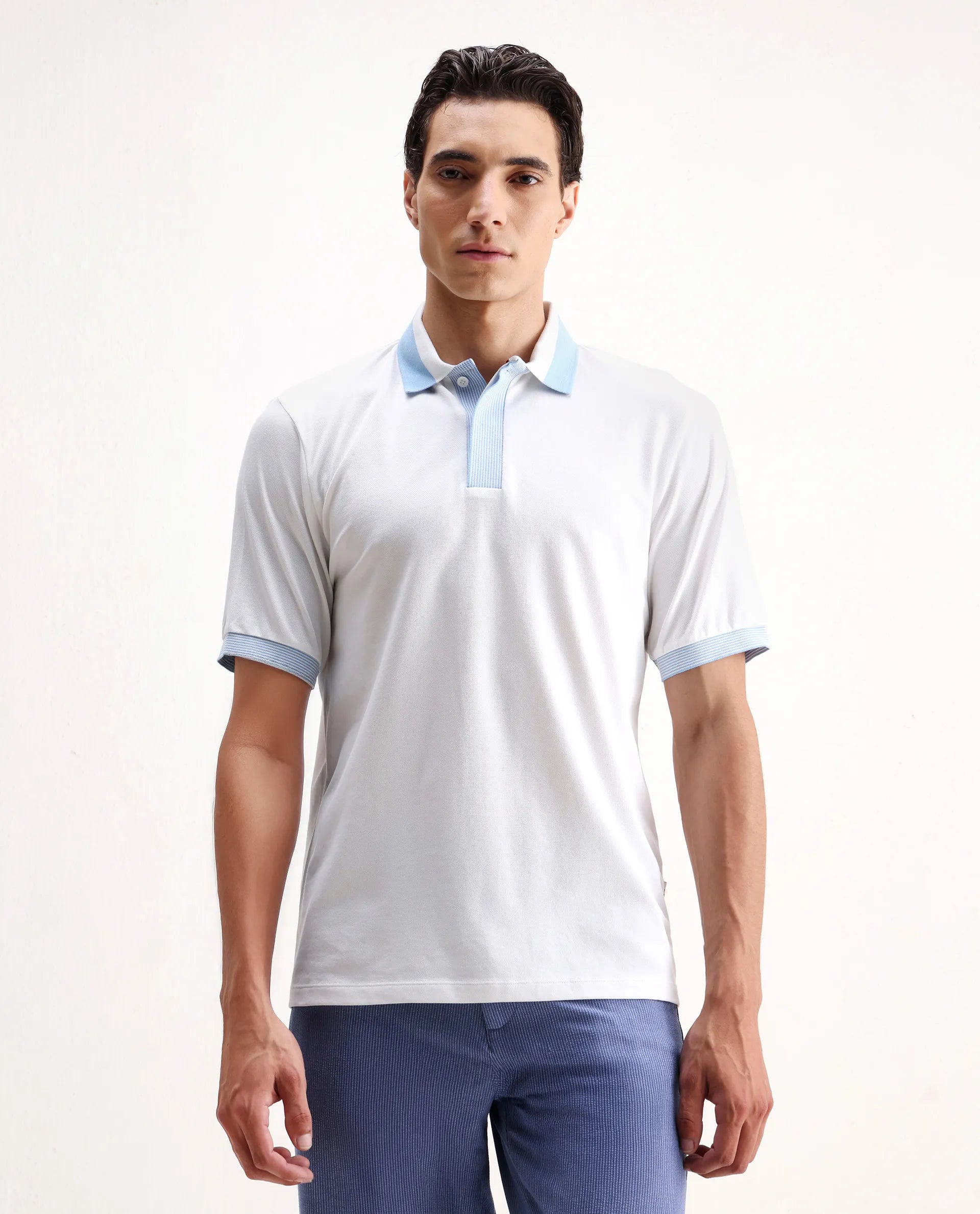 Rare Rabbit Men's Dane White Cotton Blend Plain Regular Fit Half Sleeve Polo