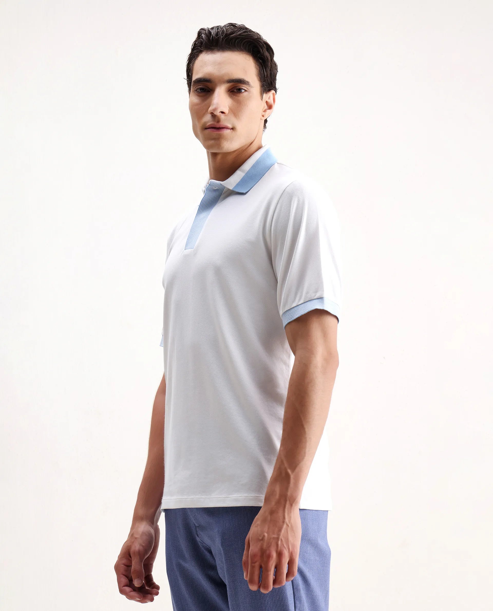 Rare Rabbit Men's Dane White Cotton Blend Plain Regular Fit Half Sleeve Polo