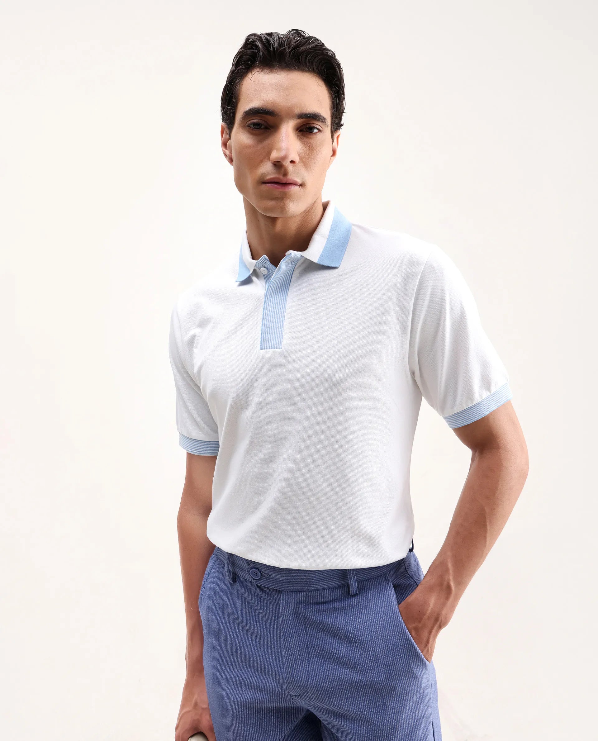 Rare Rabbit Men's Dane White Cotton Blend Plain Regular Fit Half Sleeve Polo