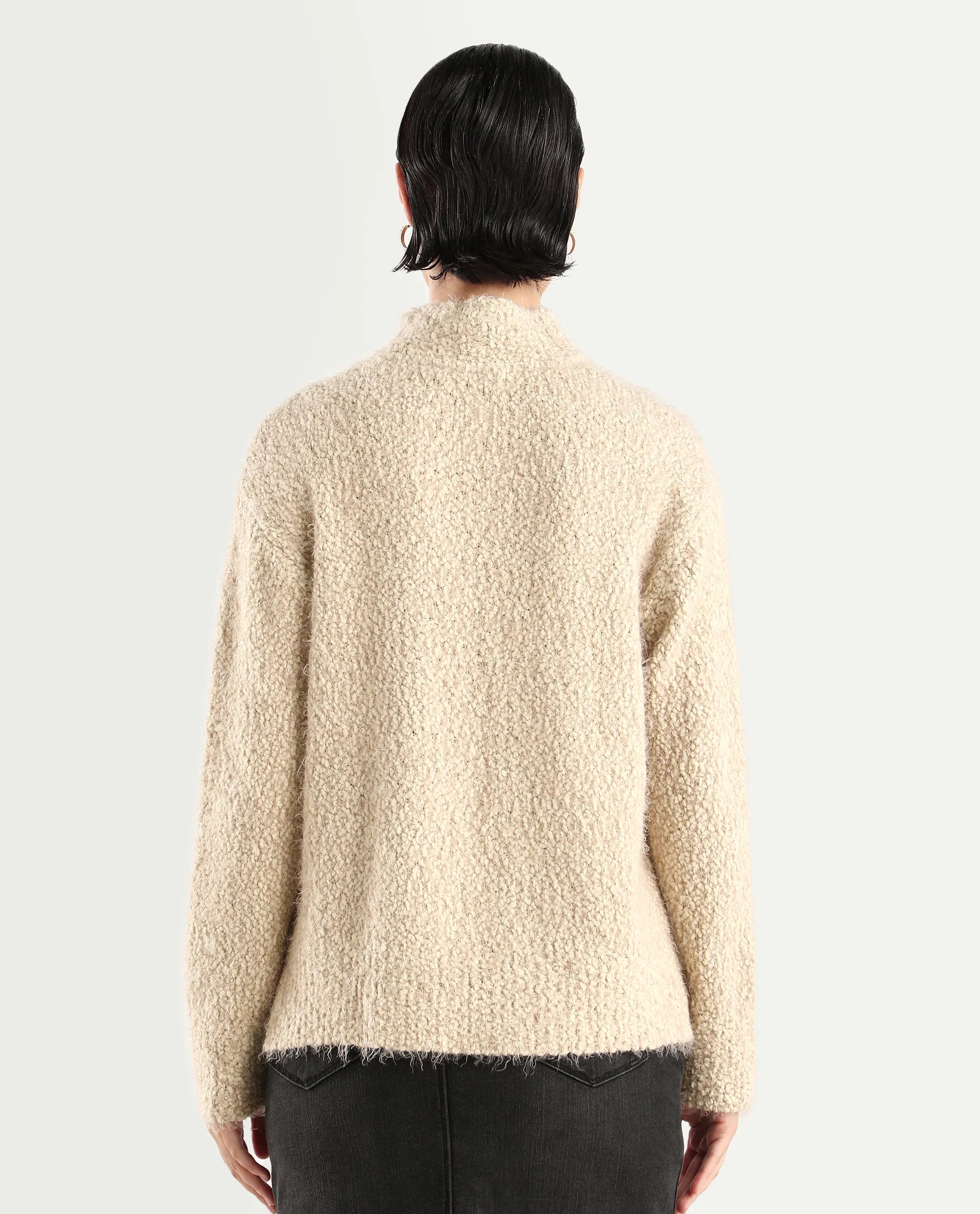 Rareism Women's Danicata Beige Polyester High Neck Plain Relaxed Fit Sweater