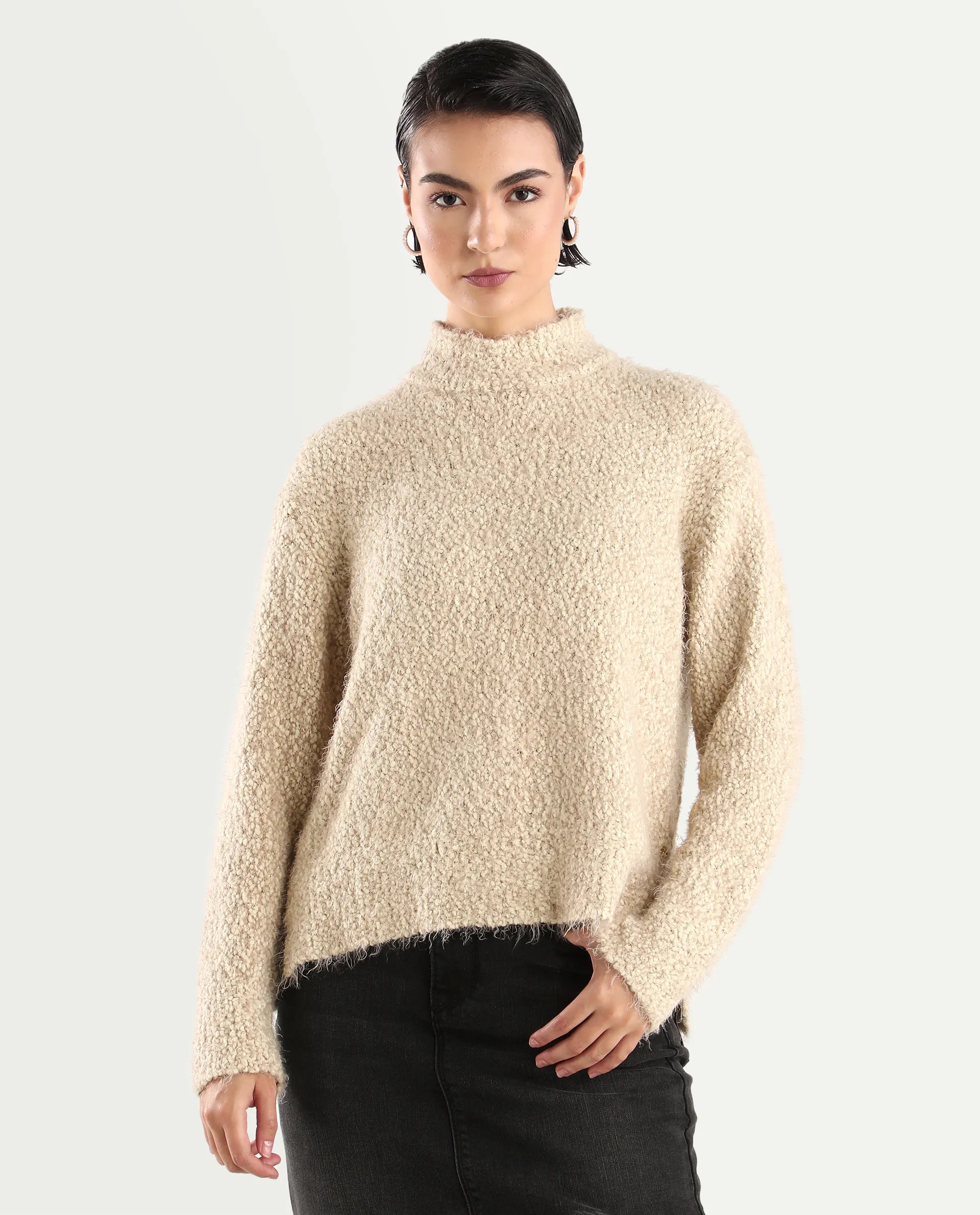 Rareism Women's Danicata Beige Polyester High Neck Plain Relaxed Fit Sweater