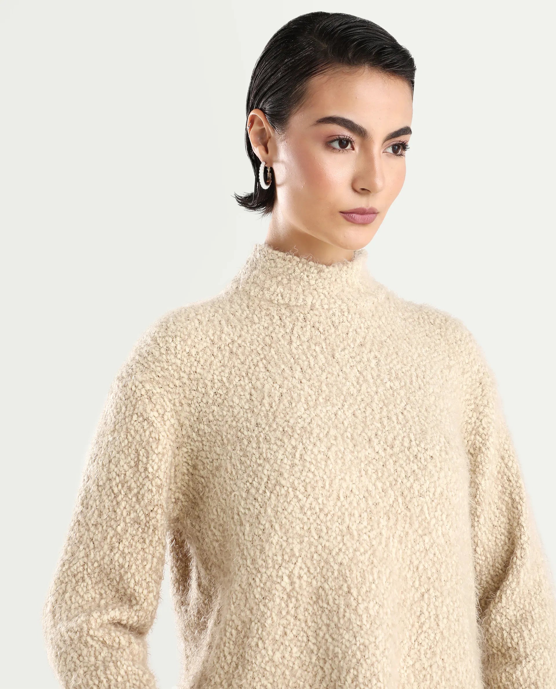 Rareism Women's Danicata Beige Polyester High Neck Plain Relaxed Fit Sweater