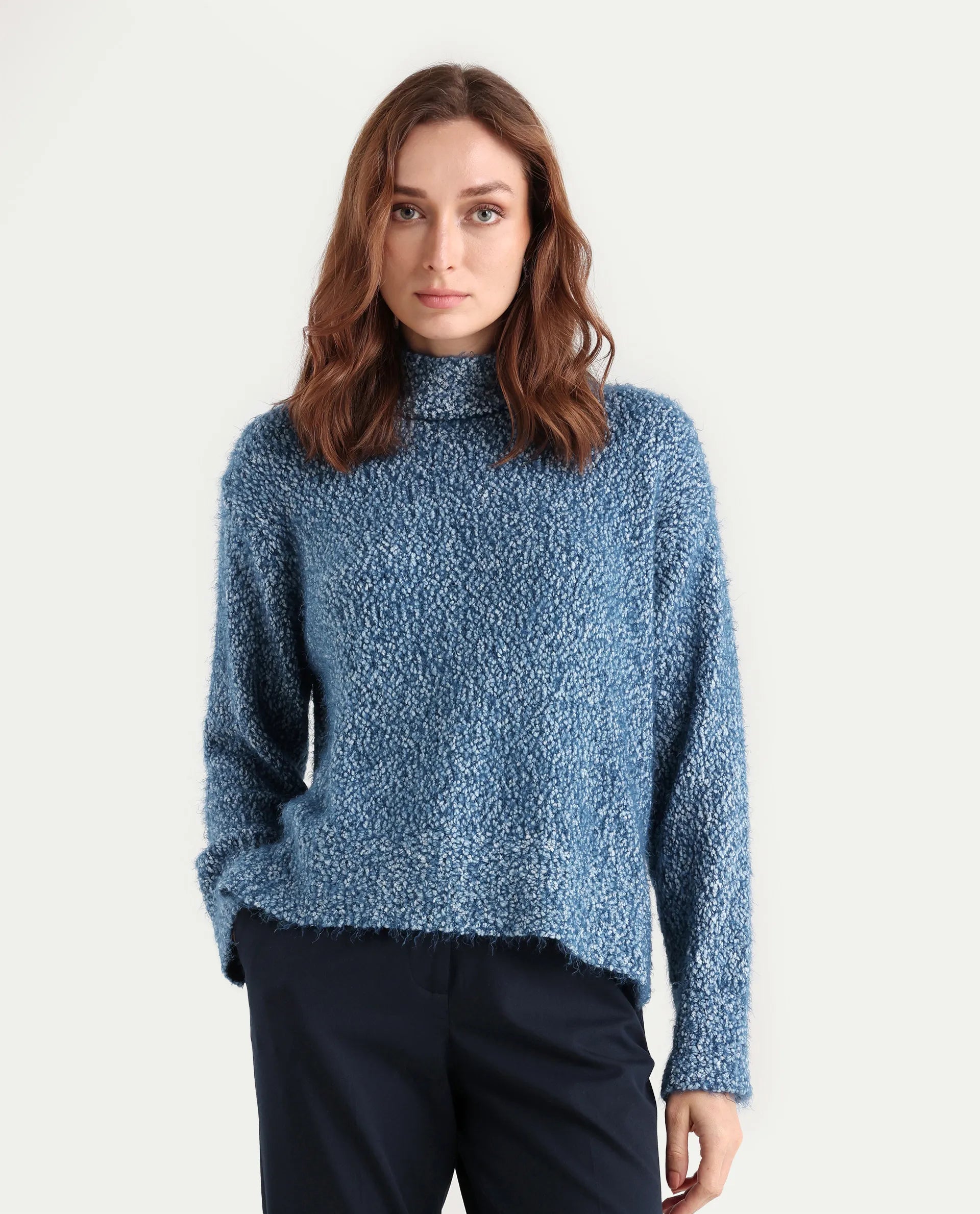 Rareism Women's Danicata Blue Polyester Cowl Neck Plain Relaxed Fit Sweater