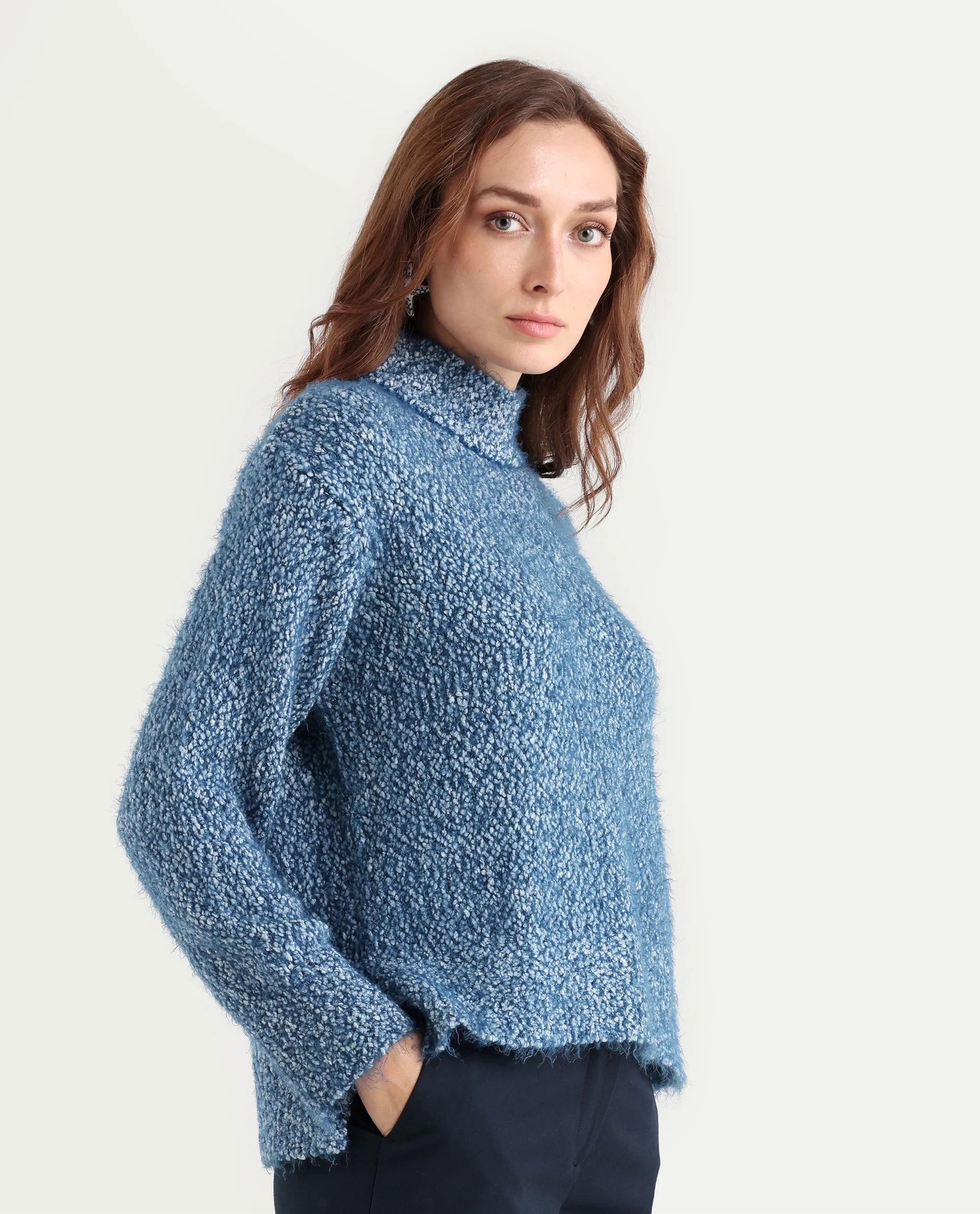 Rareism Women's Danicata Blue Polyester Cowl Neck Plain Relaxed Fit Sweater