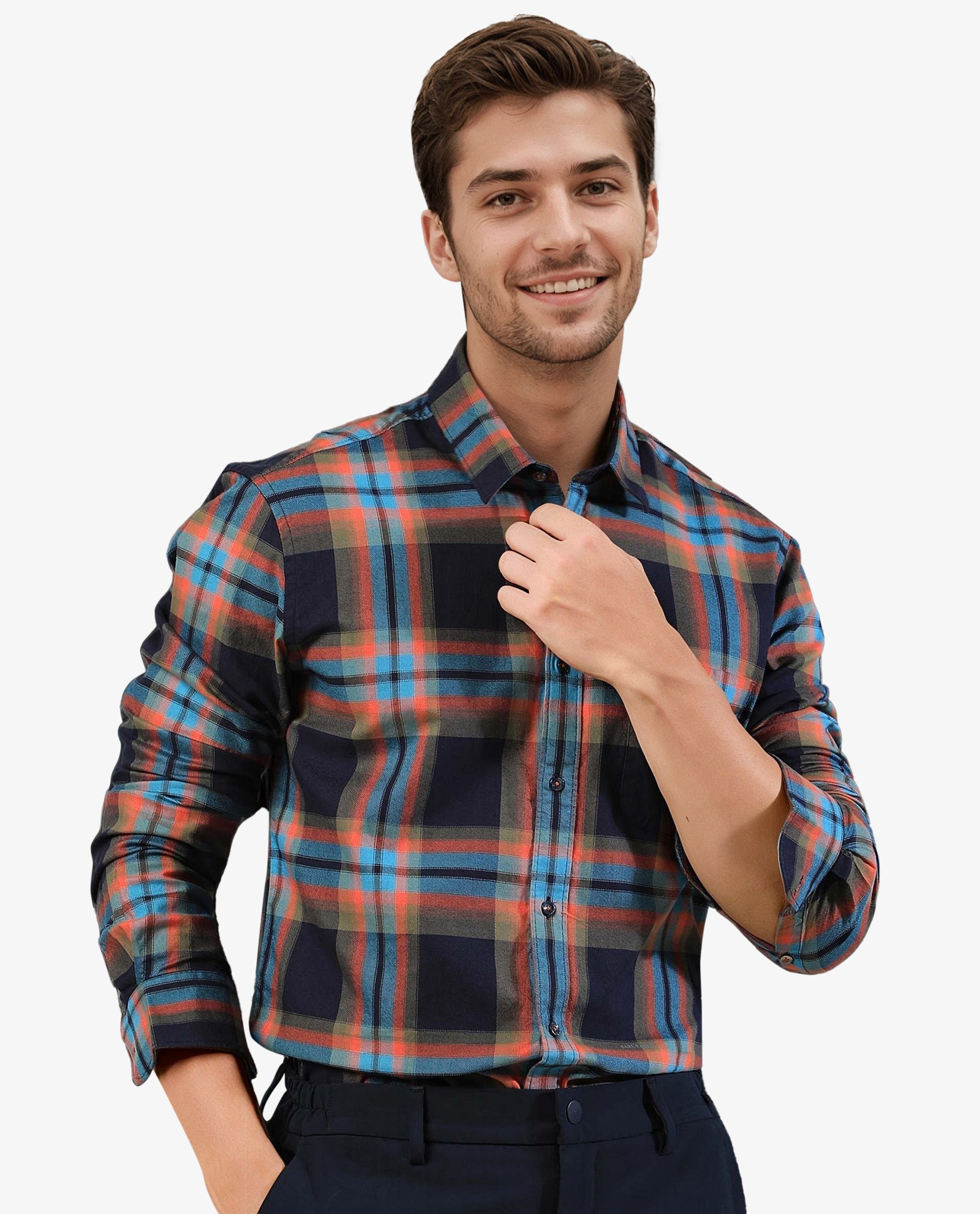 Rare Rabbit Men's Daneils Navy Cotton Fabric Full Sleeves Checks Shirt