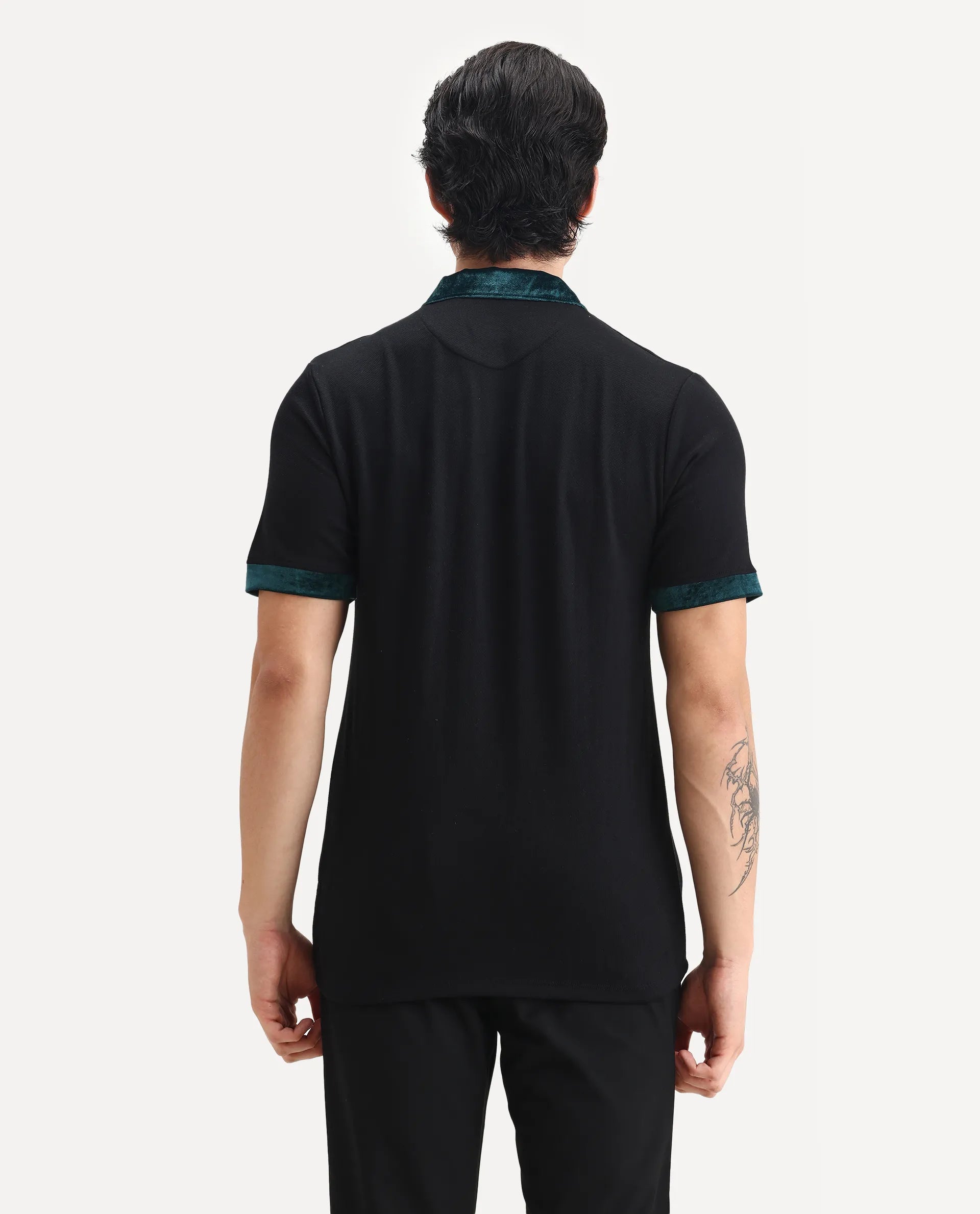 Rare Rabbit Men's Danil-1 Black Cotton Embroidered Regular Fit Half Sleeve Polo
