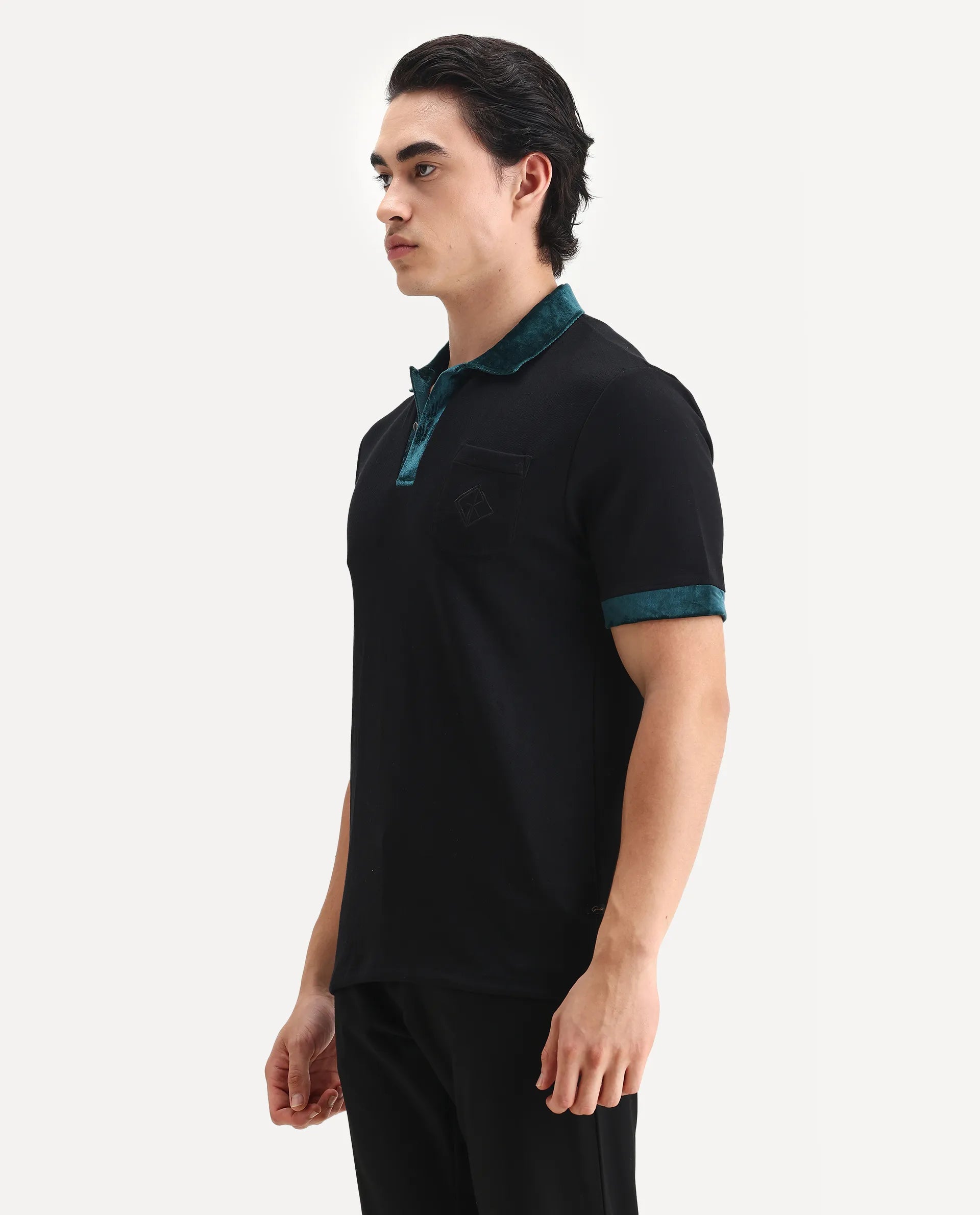 Rare Rabbit Men's Danil-1 Black Cotton Embroidered Regular Fit Half Sleeve Polo