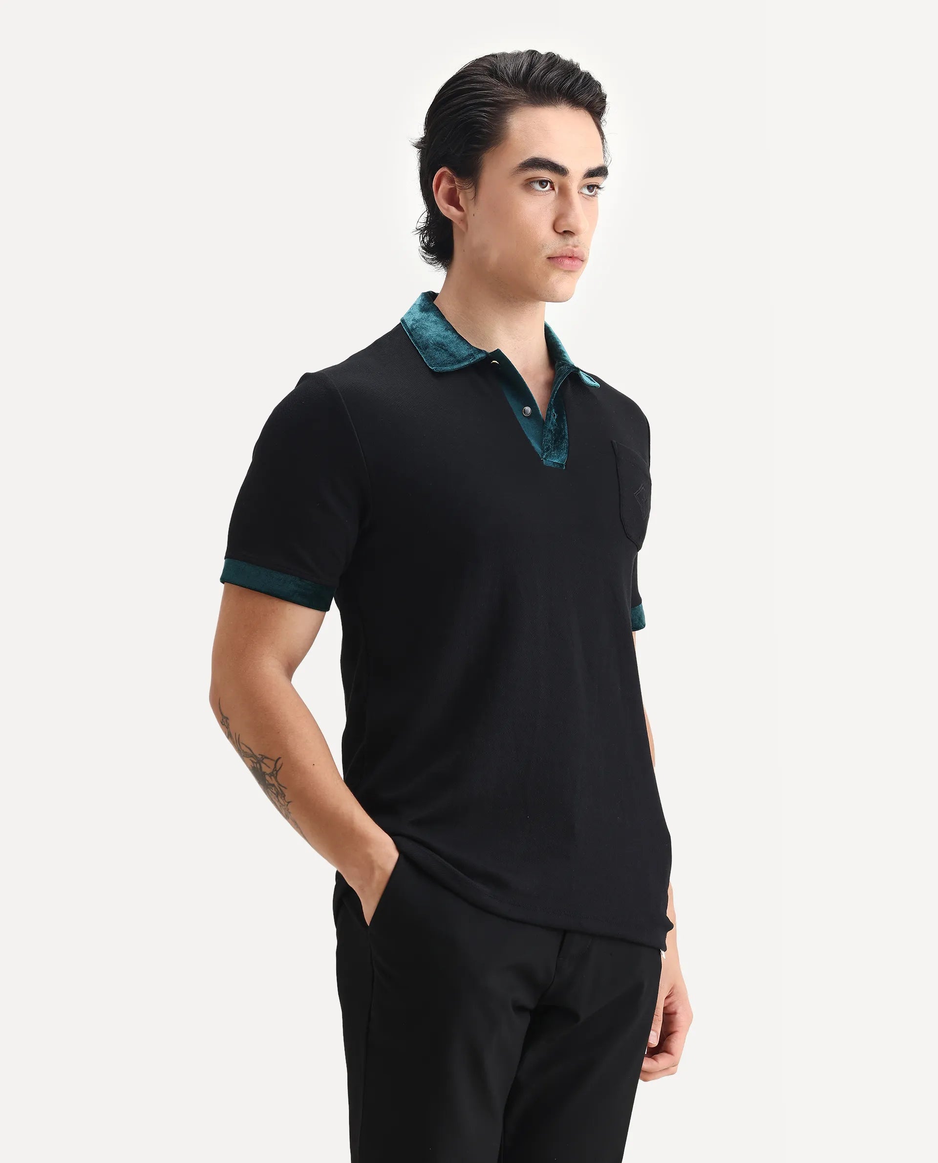 Rare Rabbit Men's Danil-1 Black Cotton Embroidered Regular Fit Half Sleeve Polo