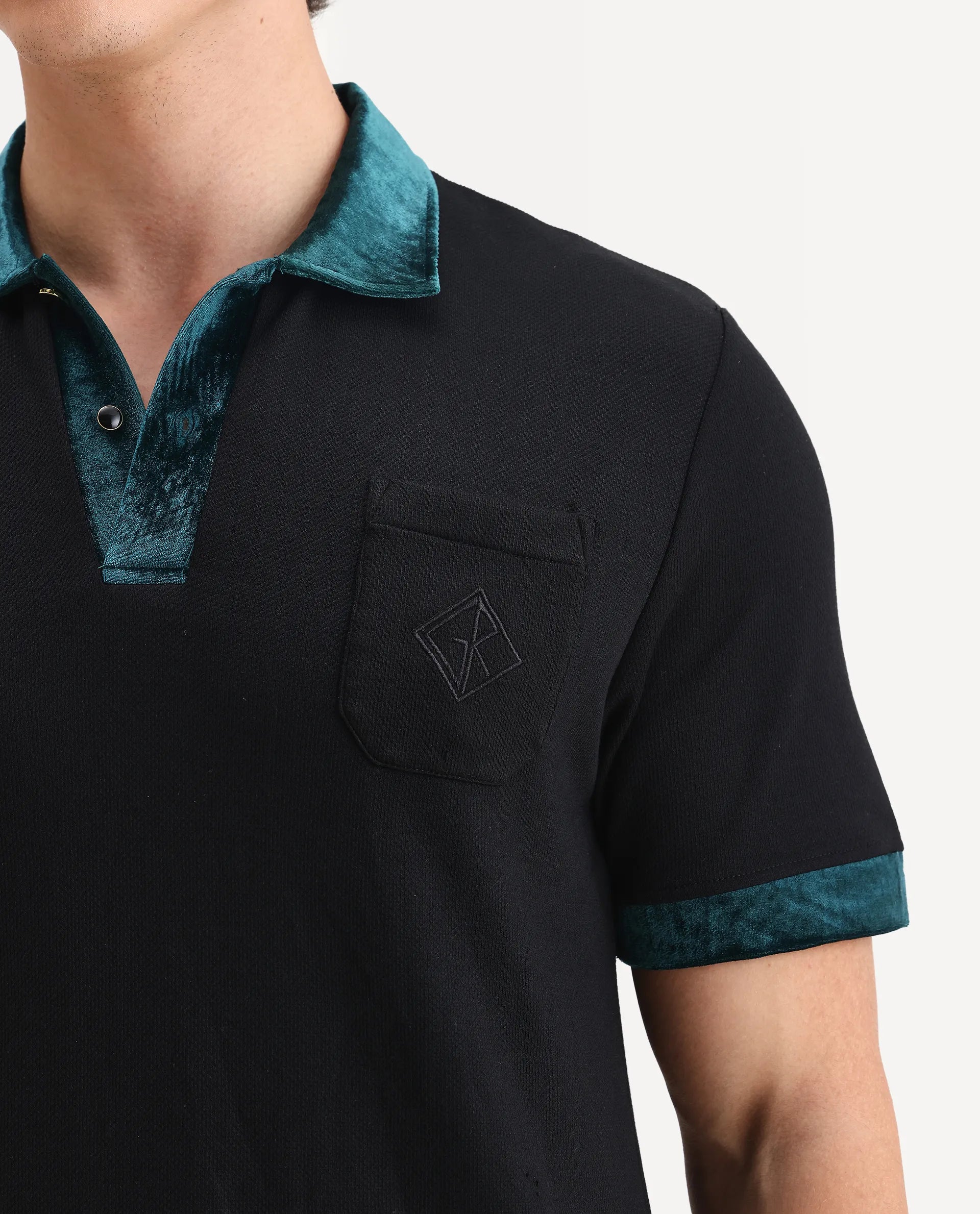 Rare Rabbit Men's Danil-1 Black Cotton Embroidered Regular Fit Half Sleeve Polo