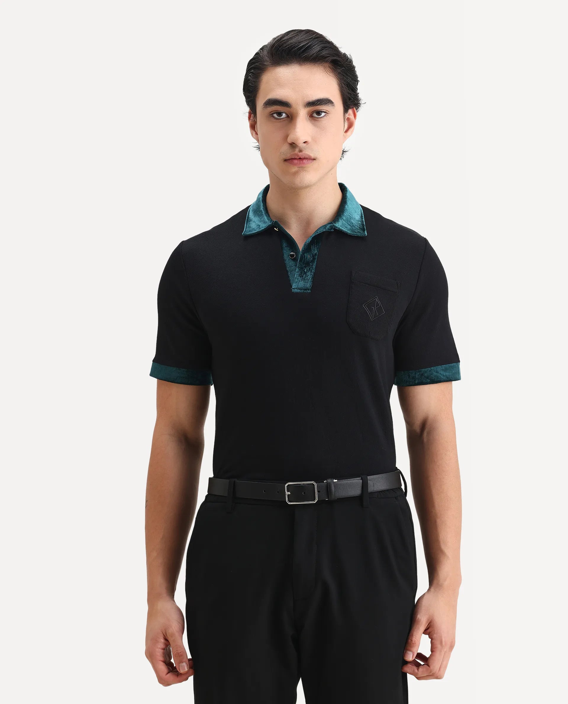 Rare Rabbit Men's Danil-1 Black Cotton Embroidered Regular Fit Half Sleeve Polo