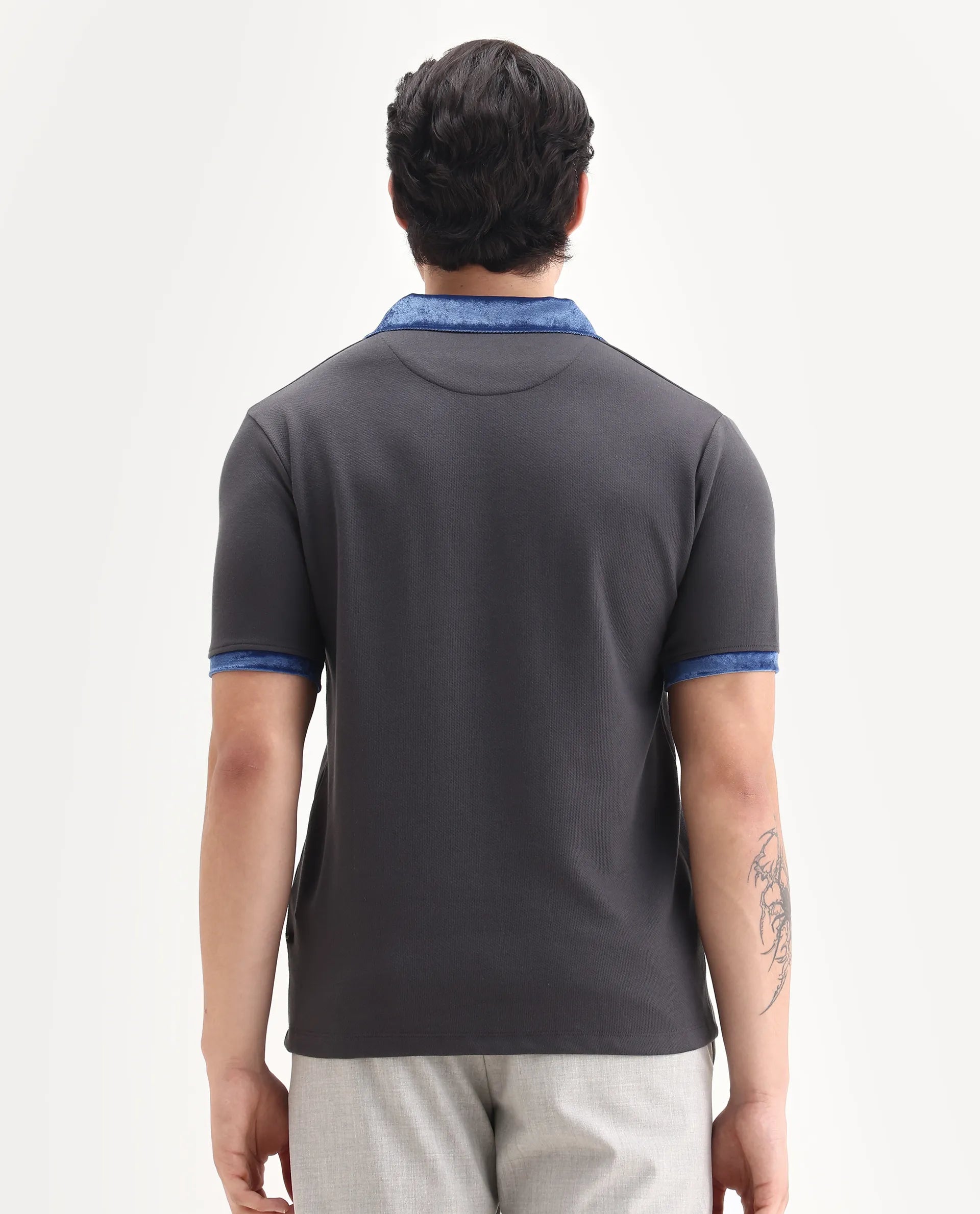 Rare Rabbit Men's Danil-1 Dark Grey Cotton Embroidered Regular Fit Half Sleeve Polo