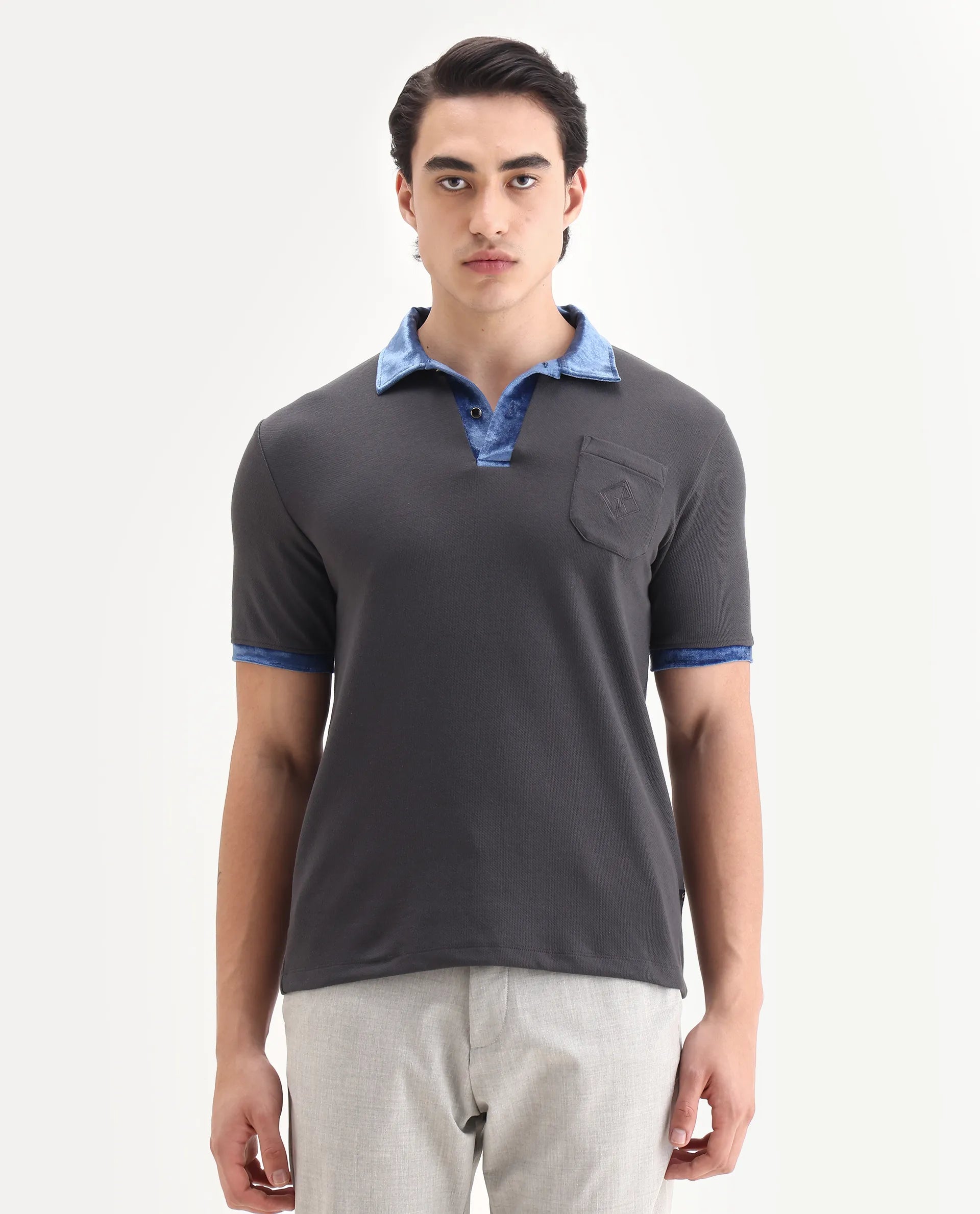 Rare Rabbit Men's Danil-1 Dark Grey Cotton Embroidered Regular Fit Half Sleeve Polo