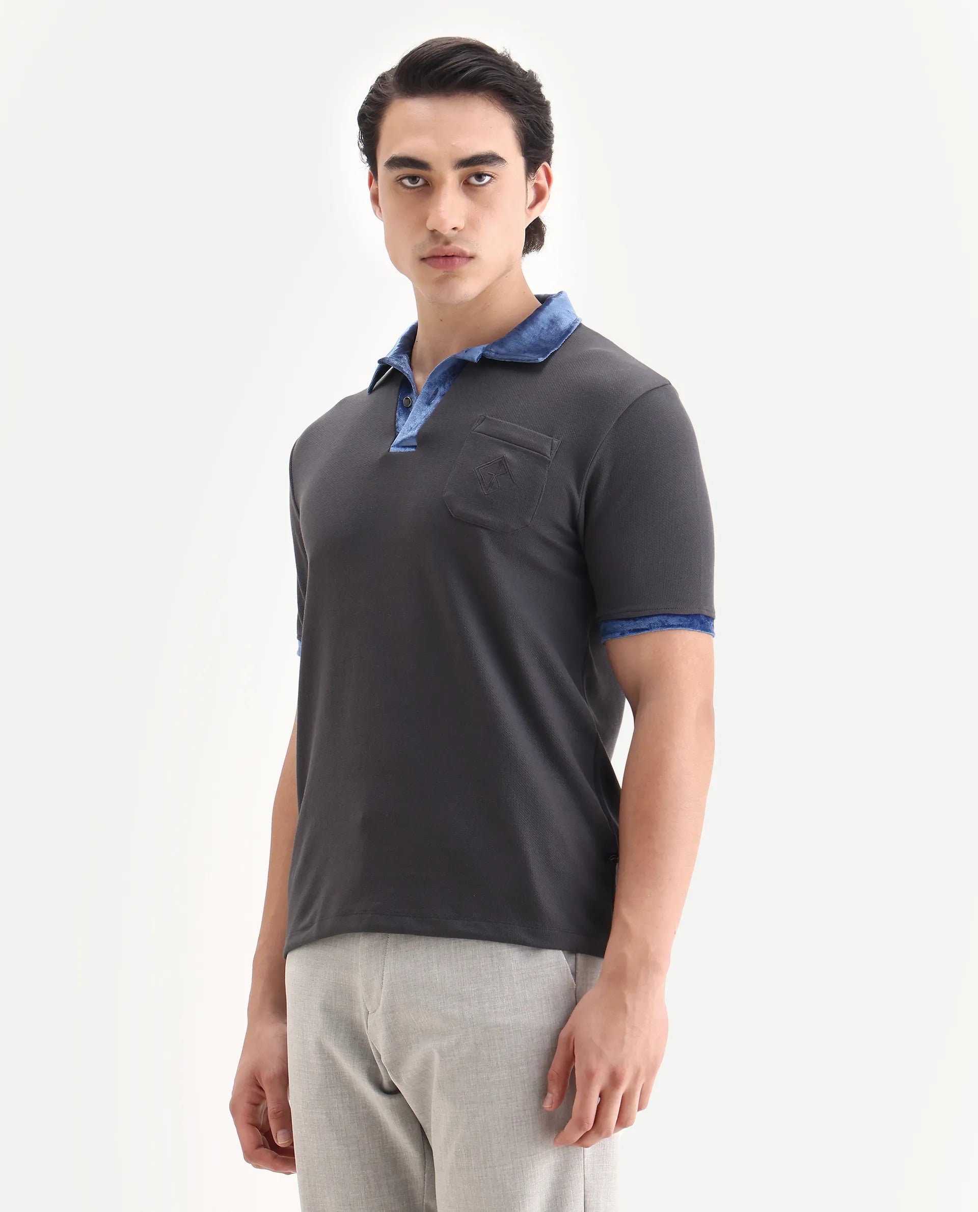 Rare Rabbit Men's Danil-1 Dark Grey Cotton Embroidered Regular Fit Half Sleeve Polo