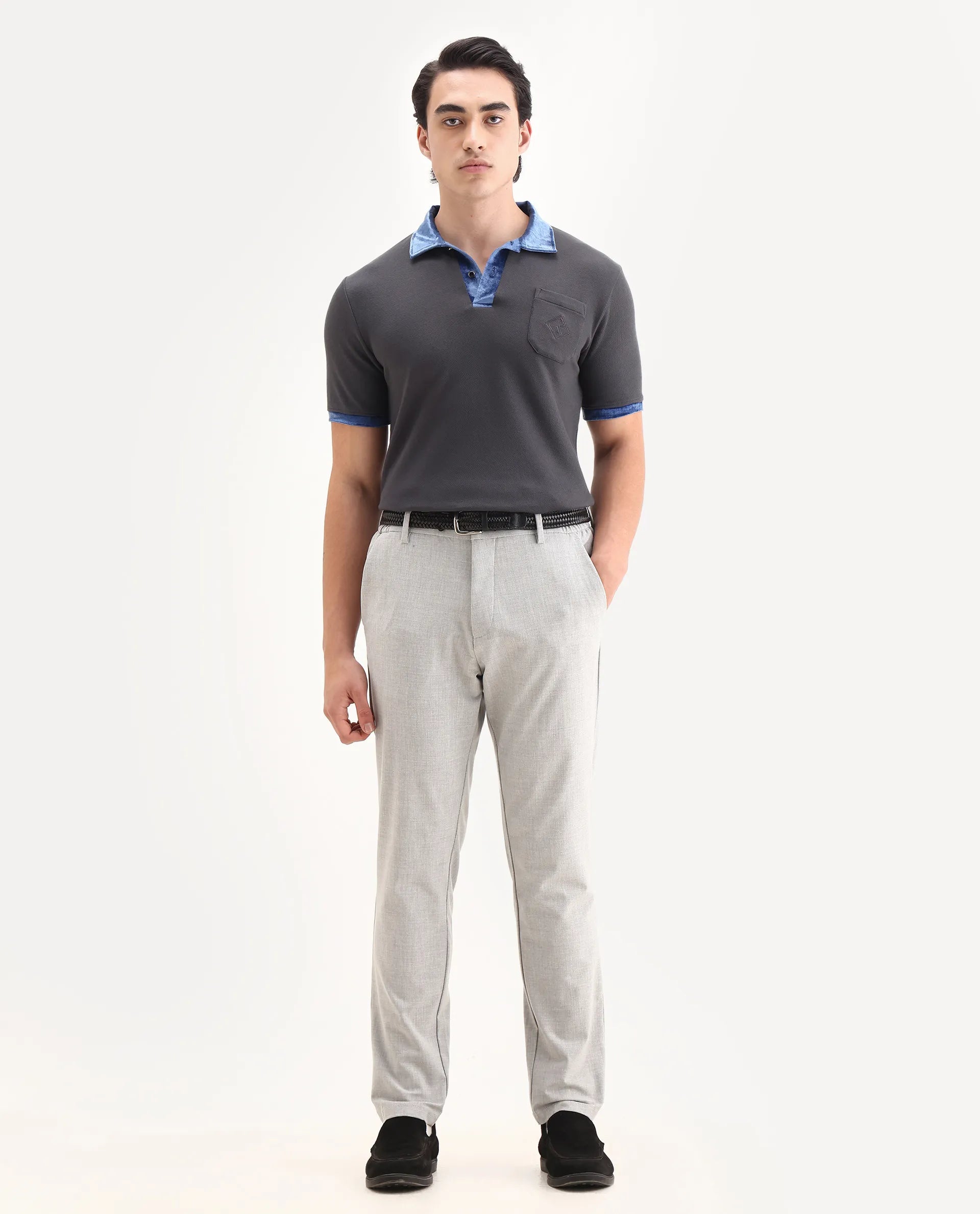 Rare Rabbit Men's Danil-1 Dark Grey Cotton Embroidered Regular Fit Half Sleeve Polo