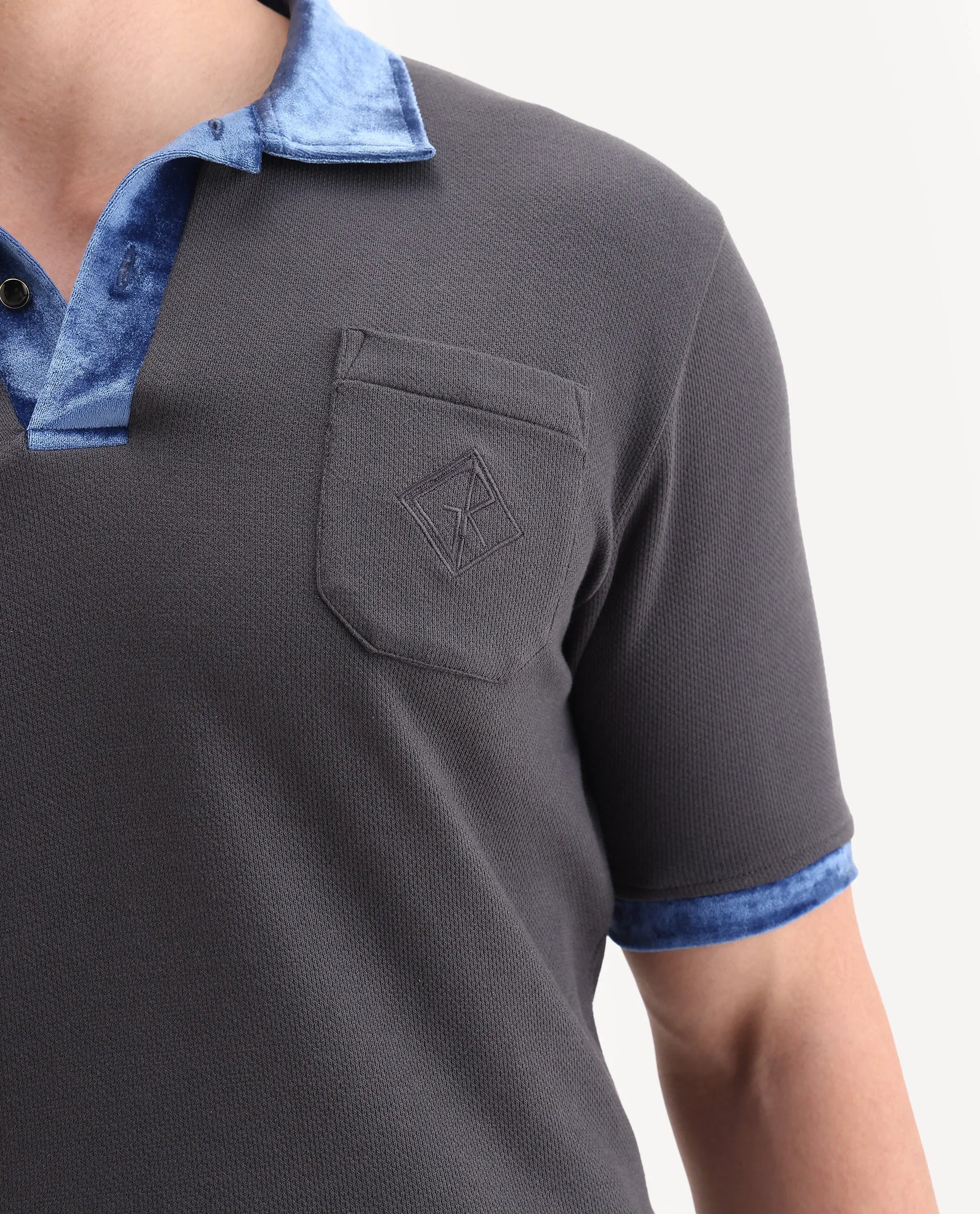 Rare Rabbit Men's Danil-1 Dark Grey Cotton Embroidered Regular Fit Half Sleeve Polo