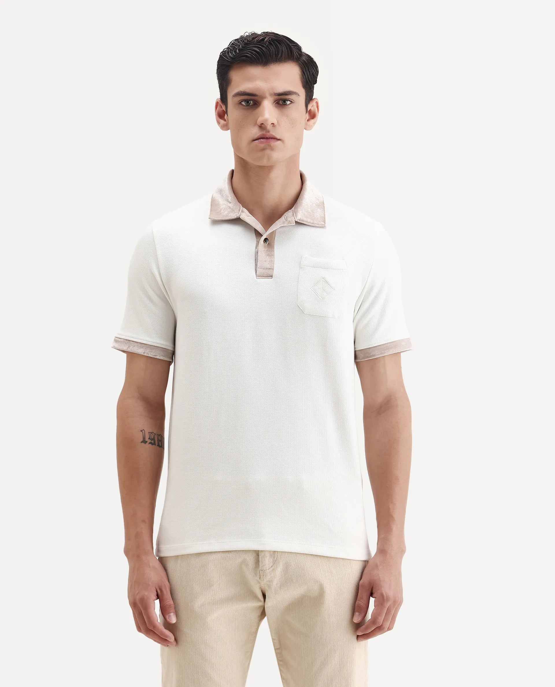 Rare Rabbit Men's Danil-1 Off White Cotton Embroidered Regular Fit Half Sleeve Polo