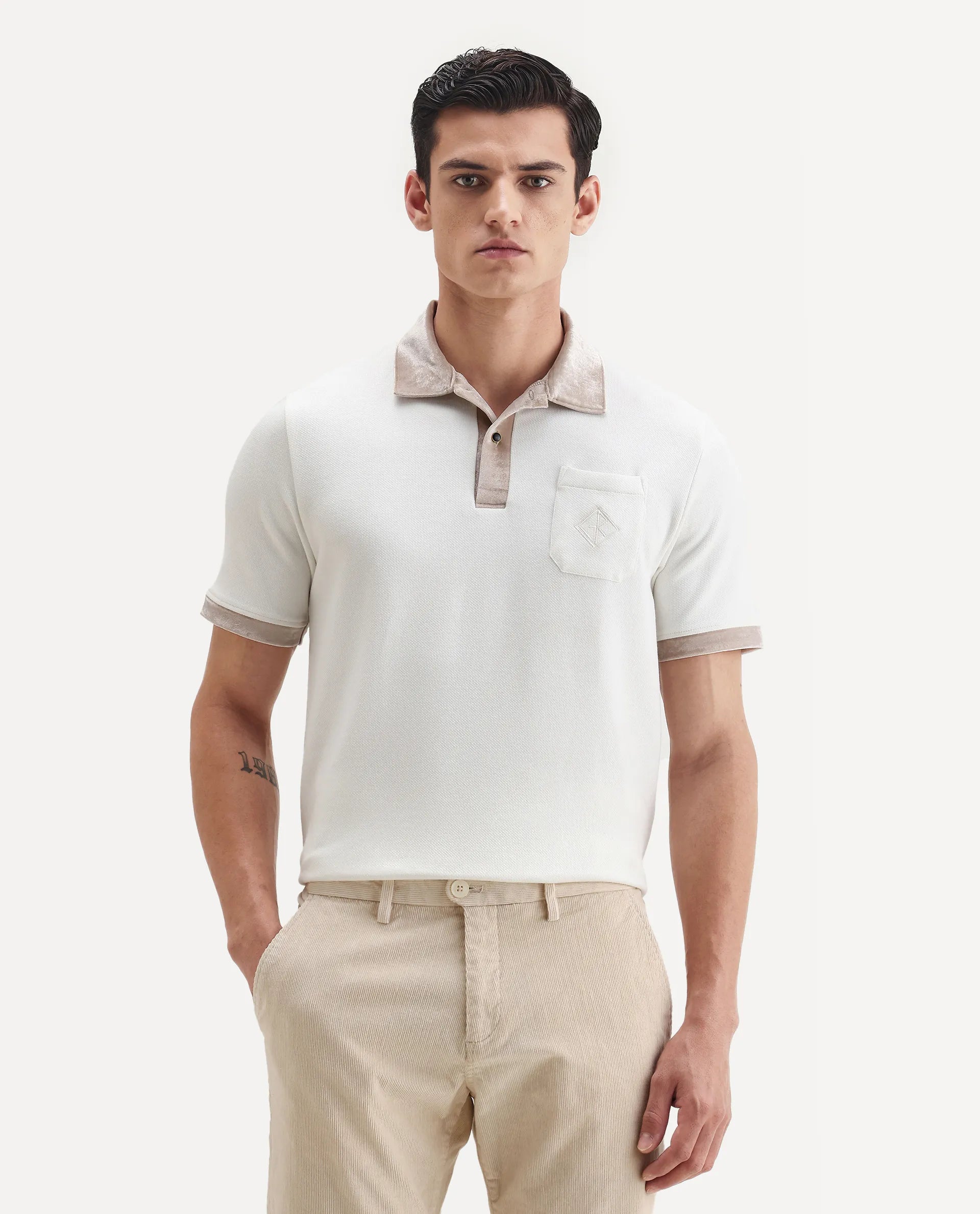 Rare Rabbit Men's Danil-1 Off White Cotton Embroidered Regular Fit Half Sleeve Polo