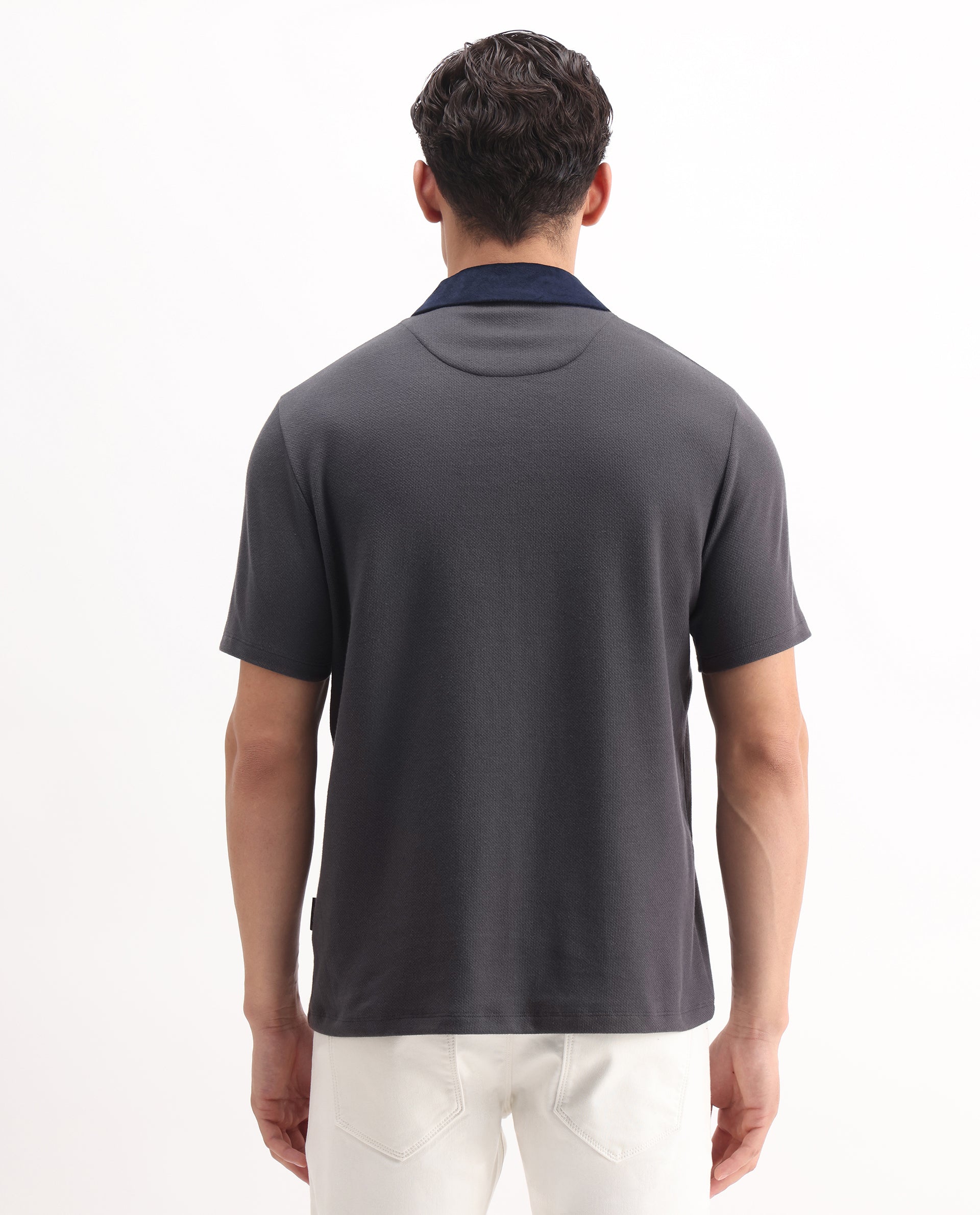 Rare Rabbit Men's Danio Dark Grey Cotton Blend Plain Regular Fit Half Sleeve Polo