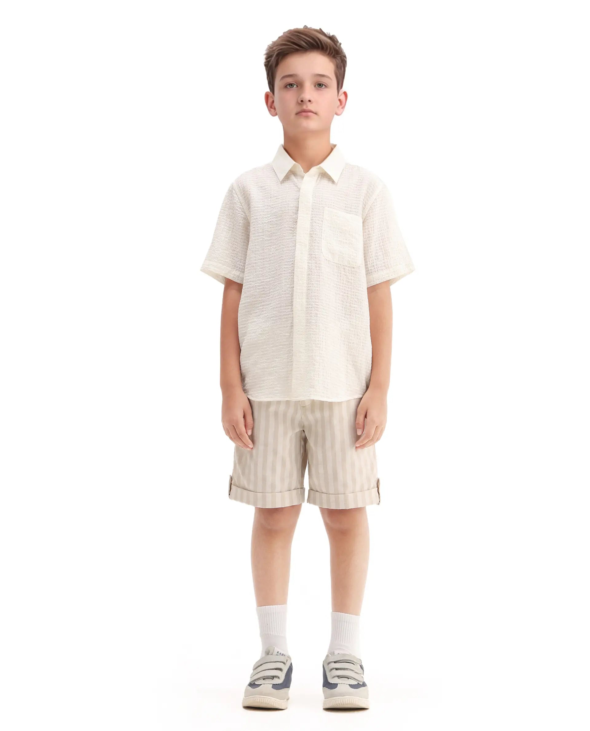 Rare Ones Kids Danni Beige Polyester Striped Button & Zip Closure Regular Fit Shorts