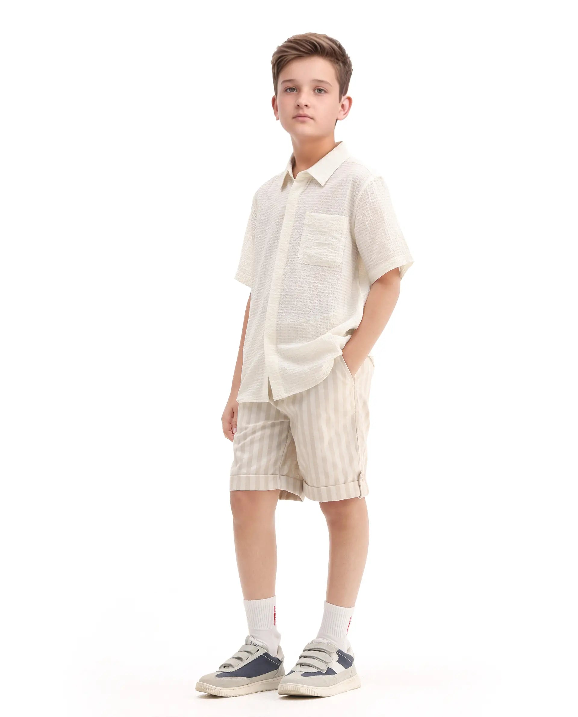 Rare Ones Kids Danni Beige Polyester Striped Button & Zip Closure Regular Fit Shorts