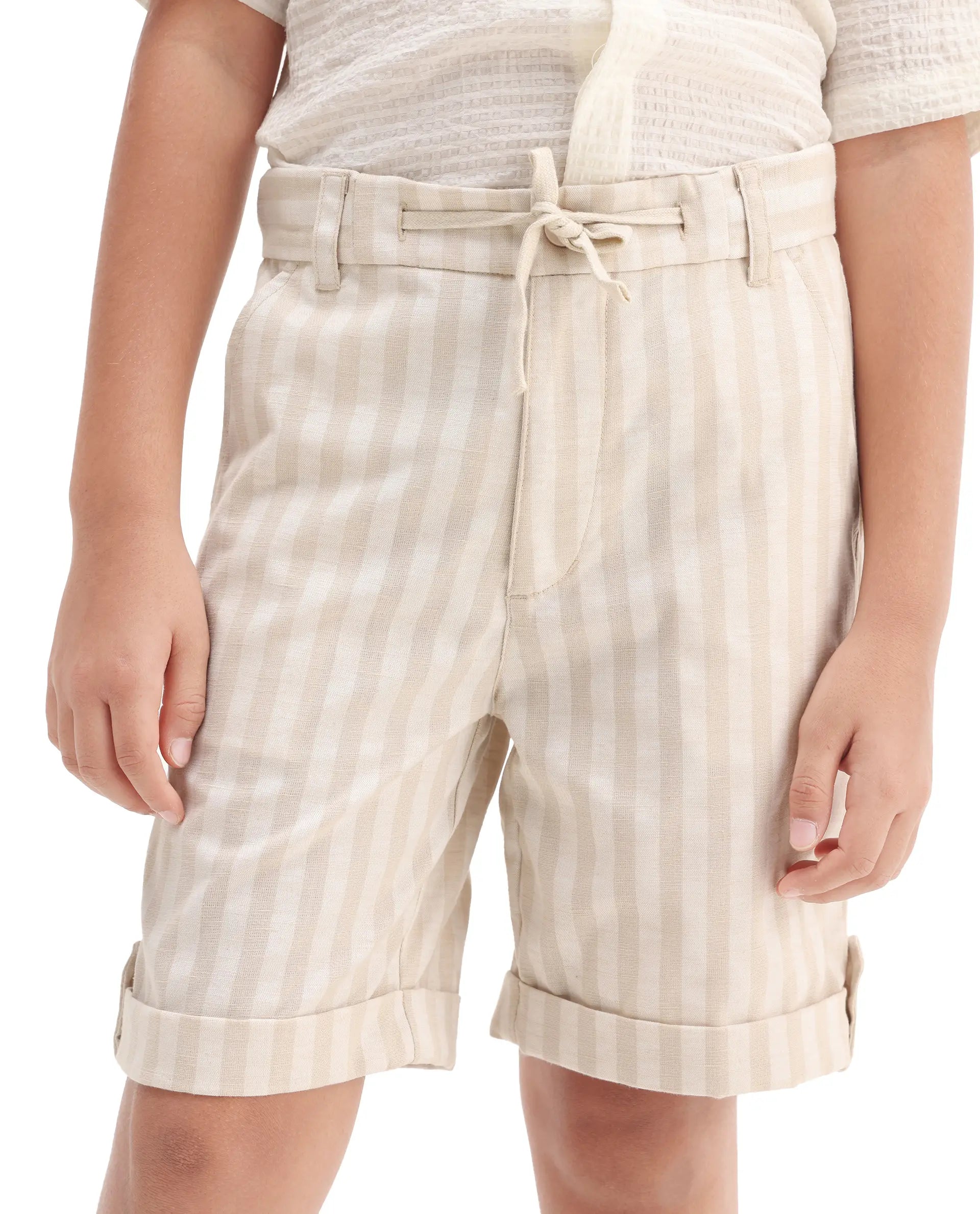 Rare Ones Kids Danni Beige Polyester Striped Button & Zip Closure Regular Fit Shorts