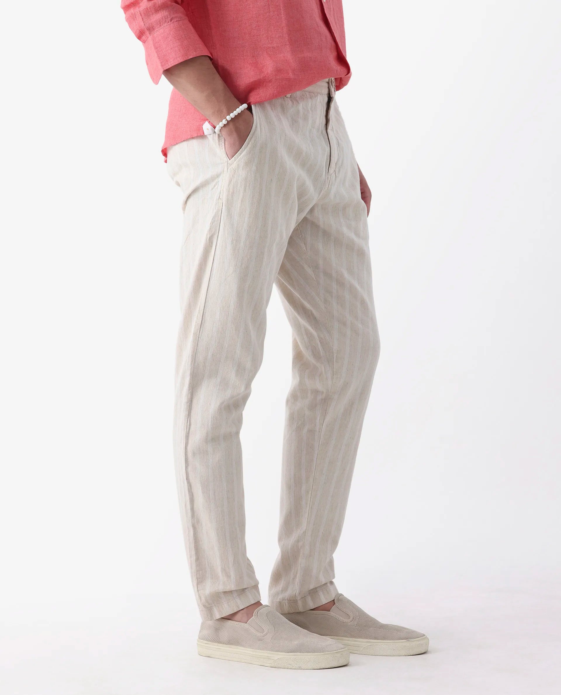 Rare Rabbit Men's Dano Beige Linen Blend Striped Print Regular Fit Trouser