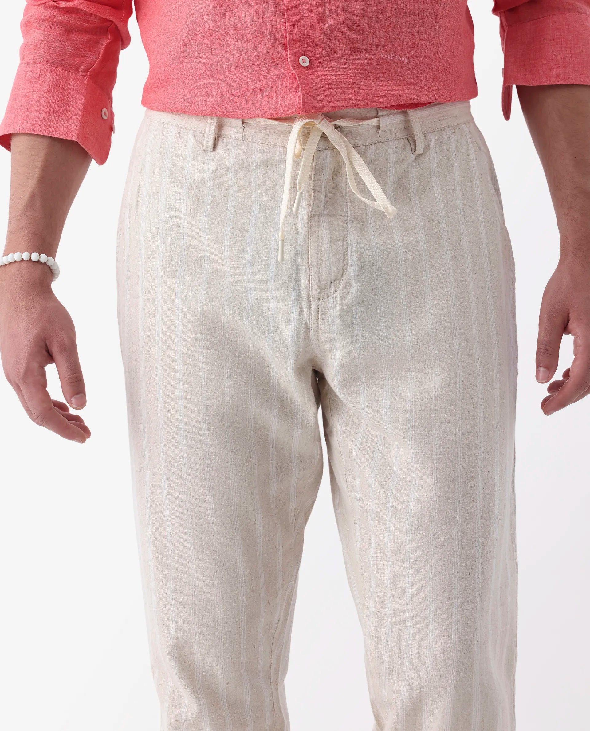 Rare Rabbit Men's Dano Beige Linen Blend Striped Print Regular Fit Trouser