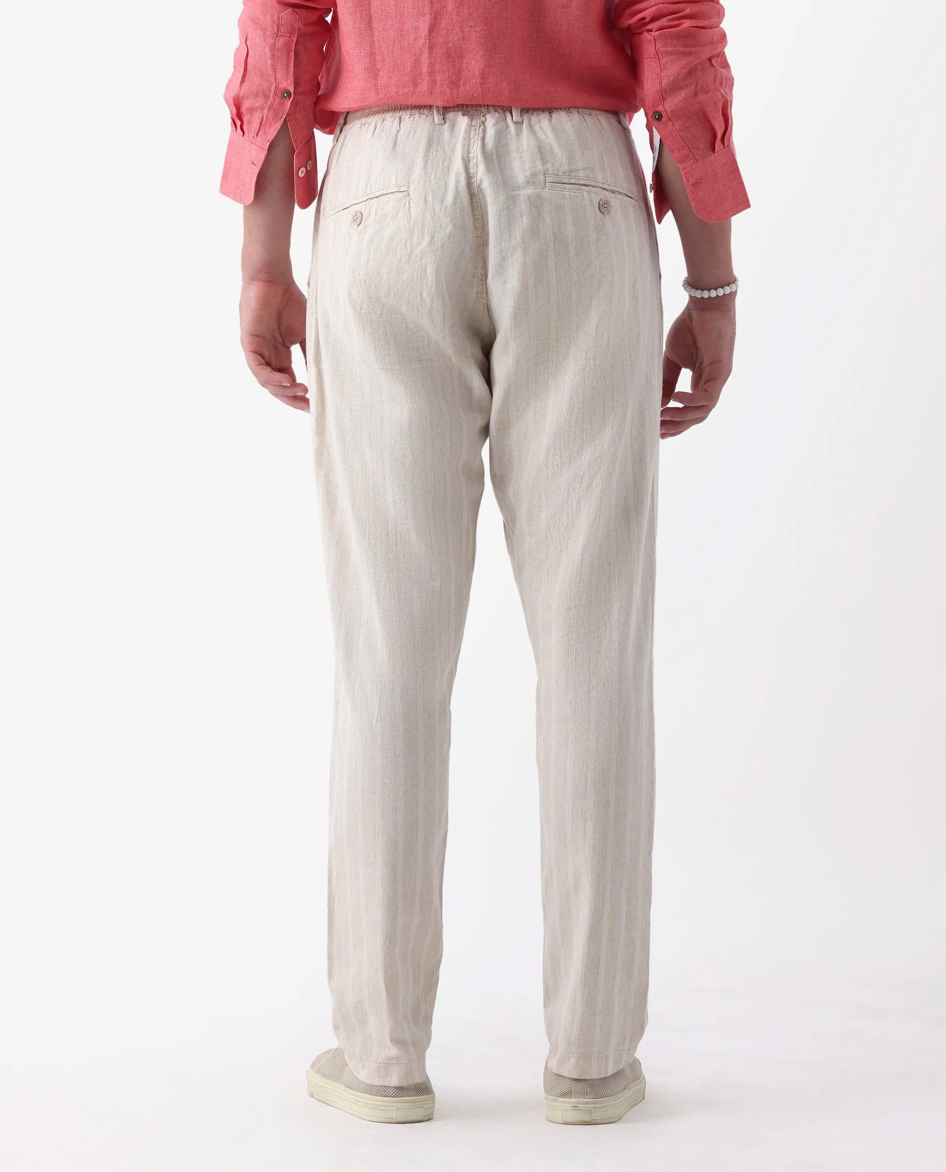 Rare Rabbit Men's Dano Beige Linen Blend Striped Print Regular Fit Trouser