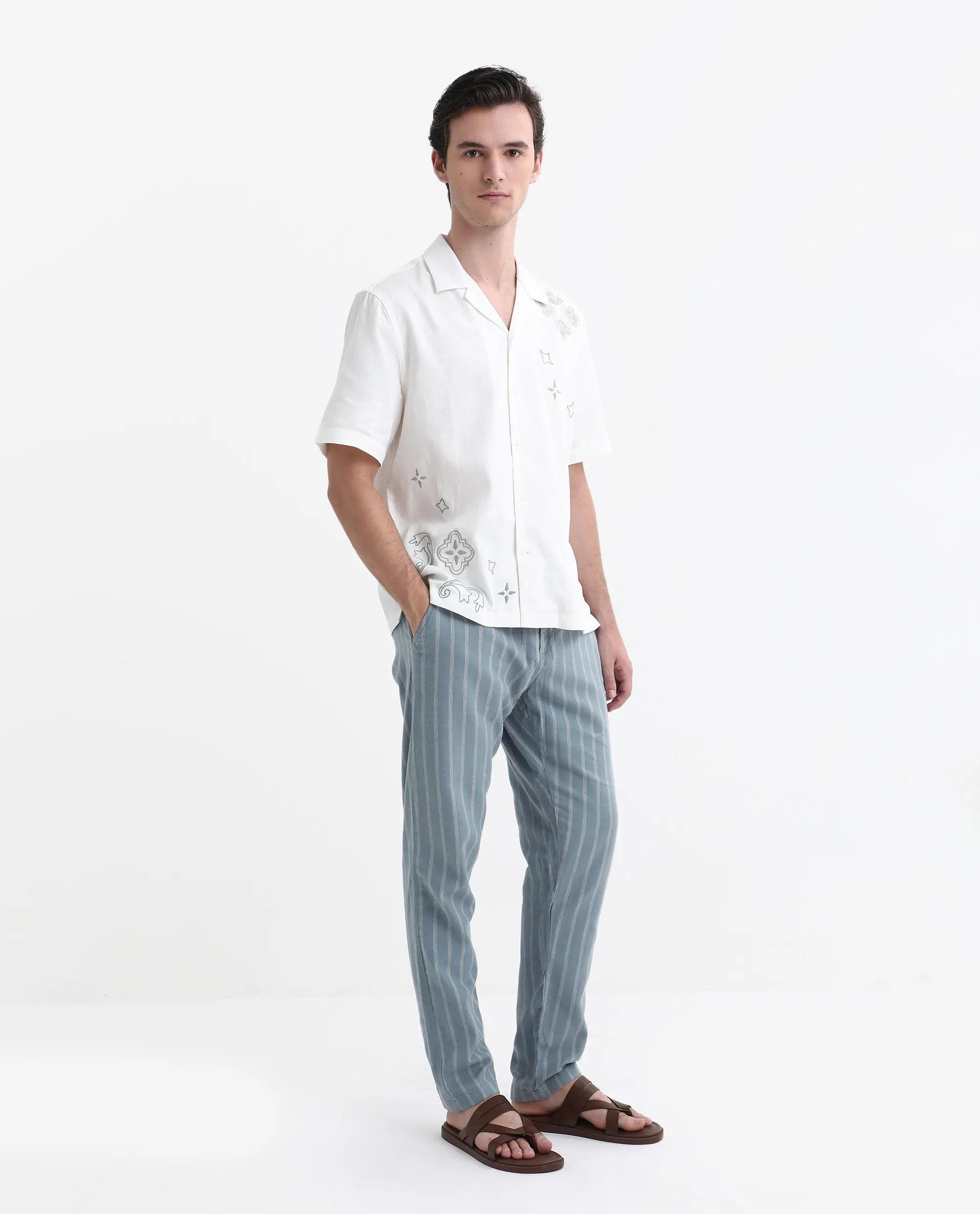 Rare Rabbit Men's Dano Light Blue Linen Blend Striped Print Regular Fit Trouser