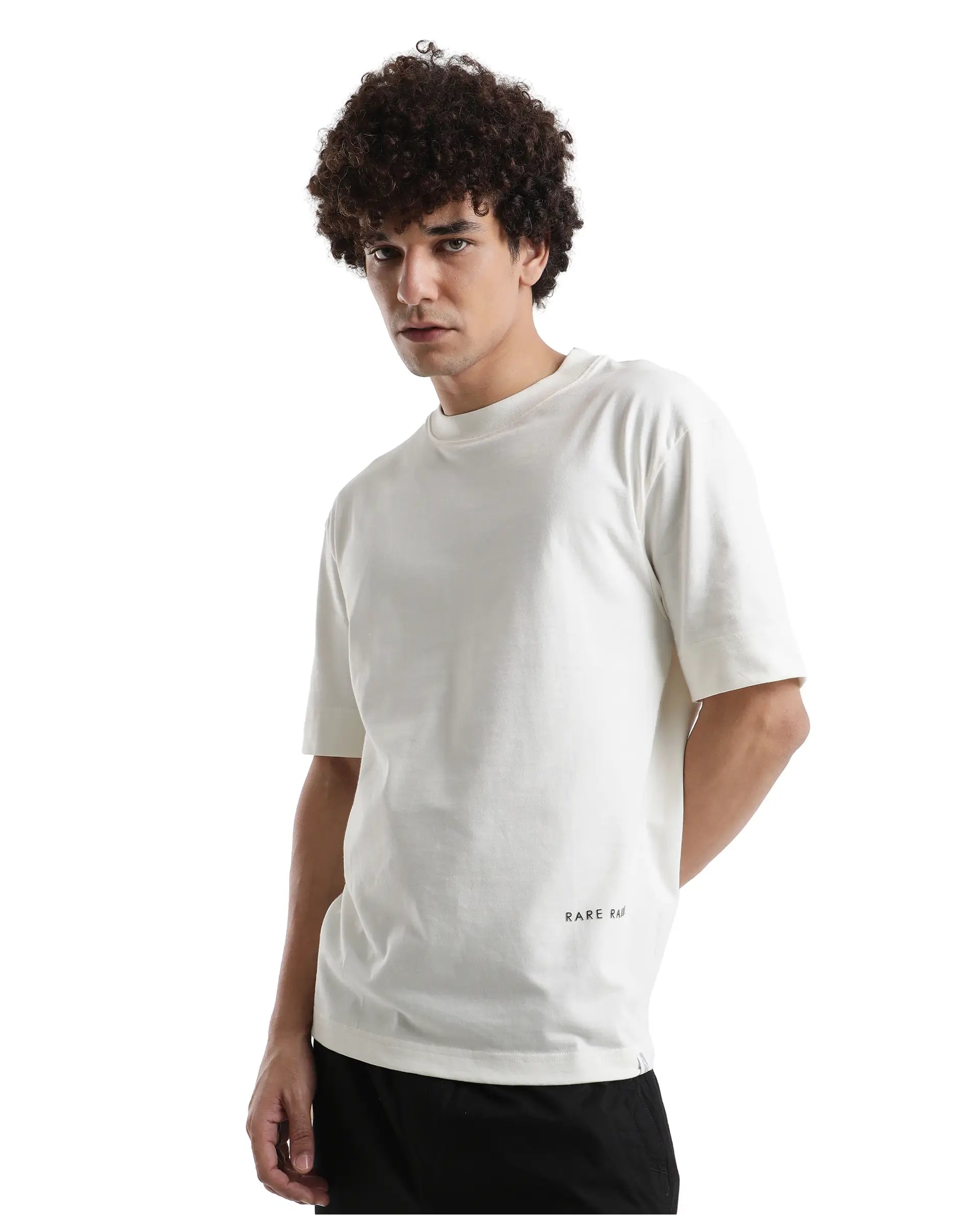 Rare Rabbit Men Danq Off White Cotton Fabric Short Sleeve Crew Neck Oversized Fit Graphic Back Print T-Shirt