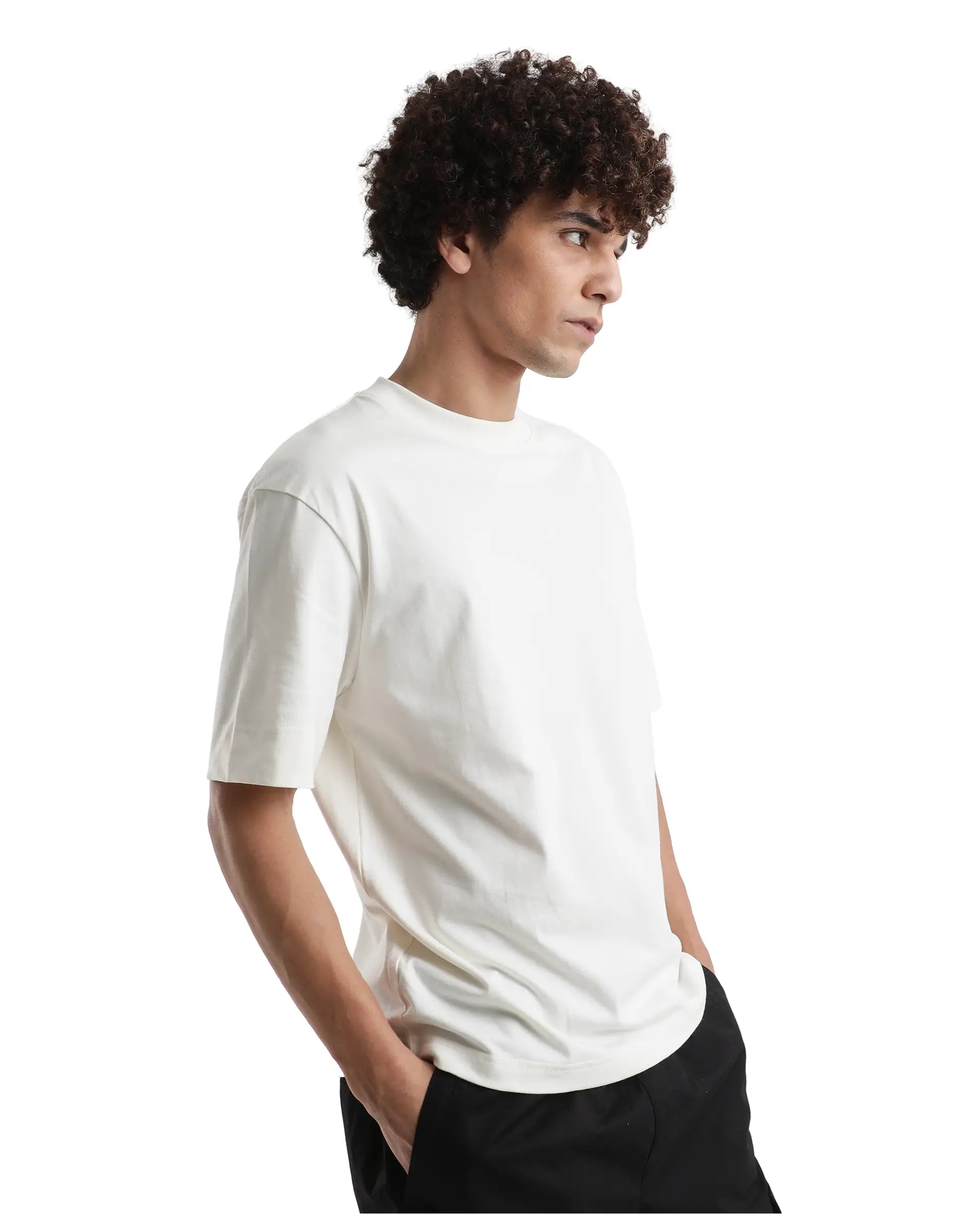 Rare Rabbit Men Danq Off White Cotton Fabric Short Sleeve Crew Neck Oversized Fit Graphic Back Print T-Shirt